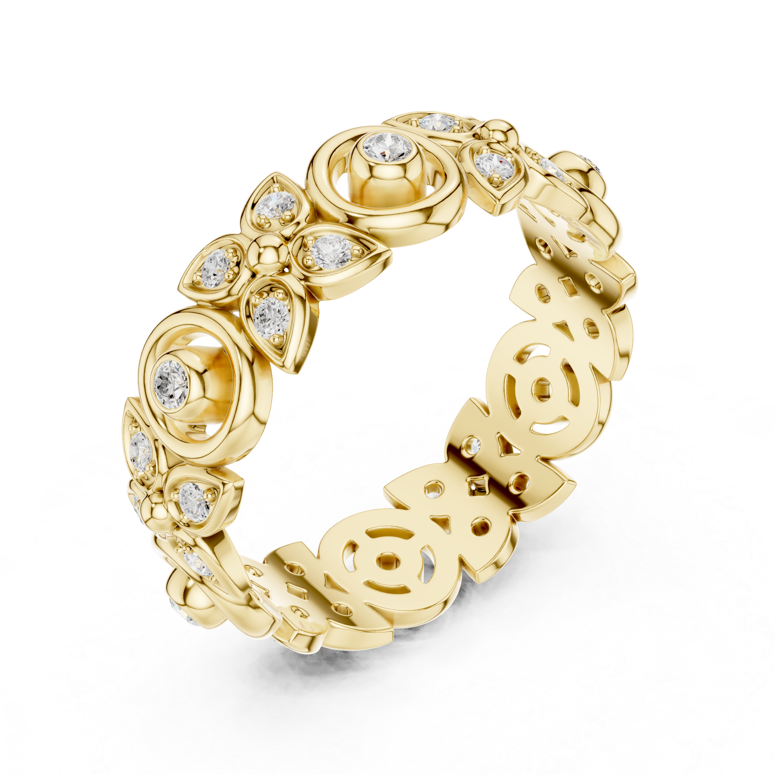 Vintage Floral Diamond Eternity Ring – Open Circle & Flower Pattern Band in Yellow Gold