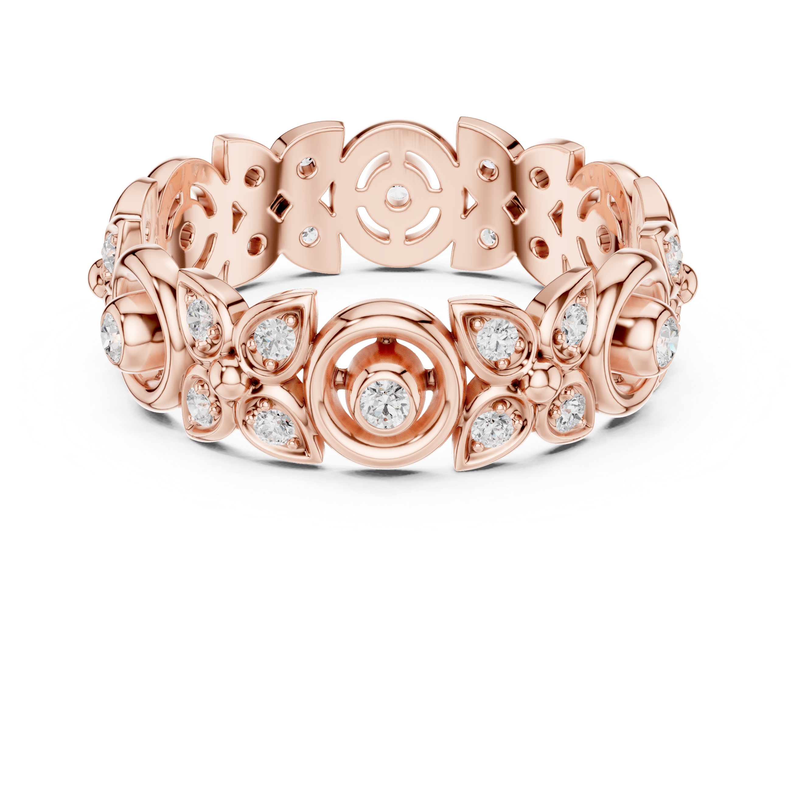 Vintage Floral Diamond Eternity Ring – Open Circle & Flower Pattern Band in Yellow Gold