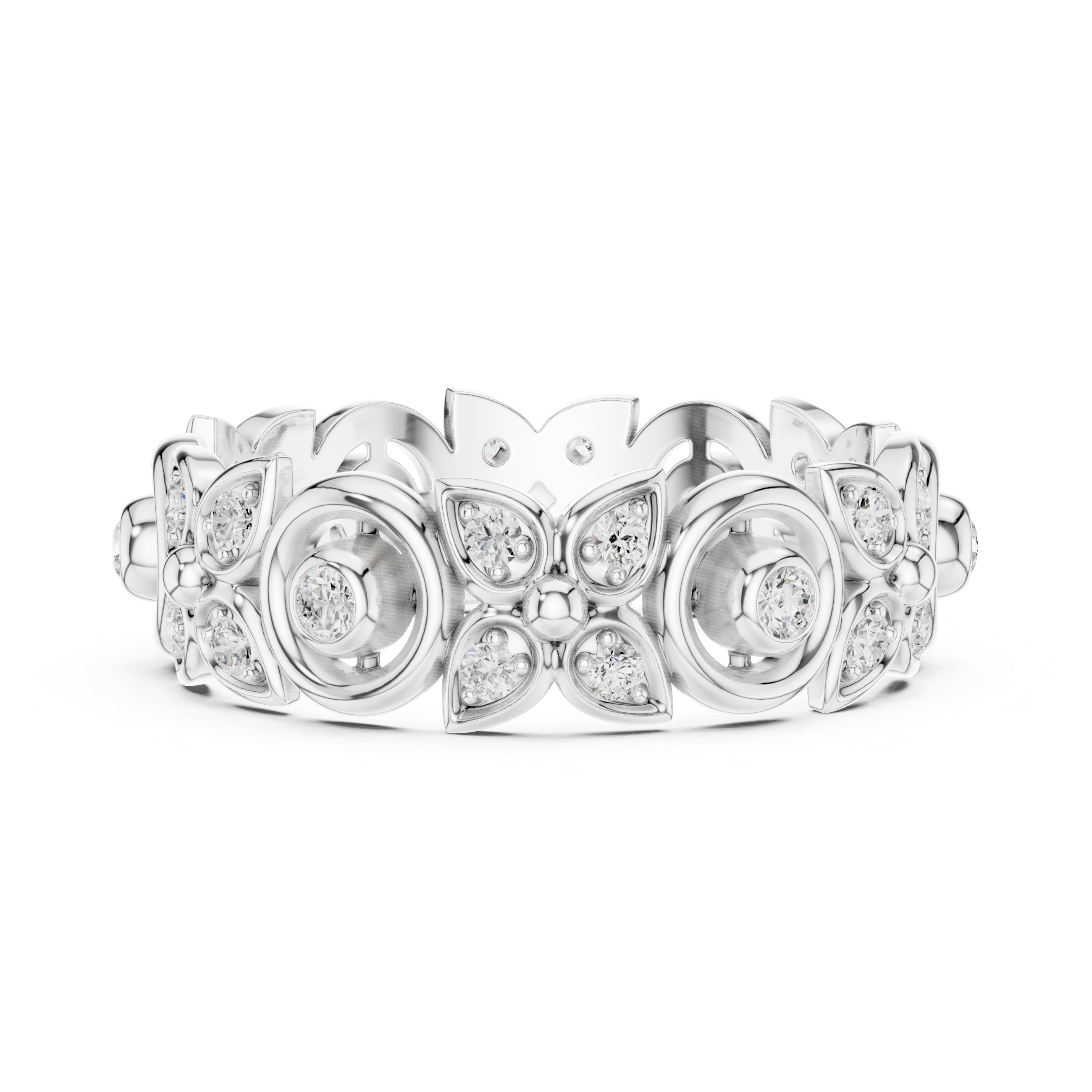 Vintage Floral Diamond Eternity Ring – Open Circle & Flower Pattern Band in Yellow Gold