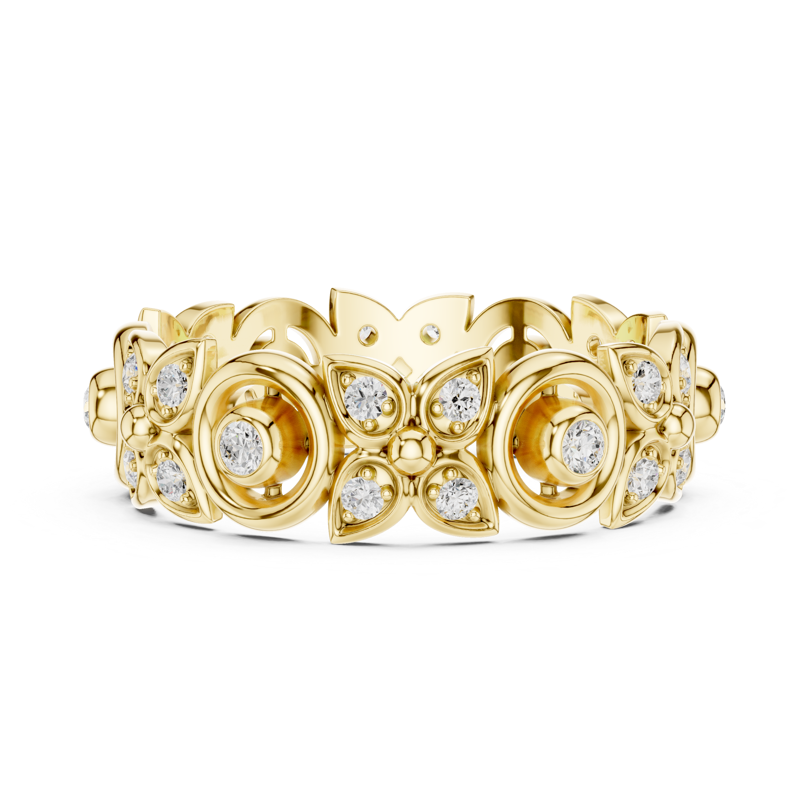 Vintage Floral Diamond Eternity Ring – Open Circle & Flower Pattern Band in Yellow Gold