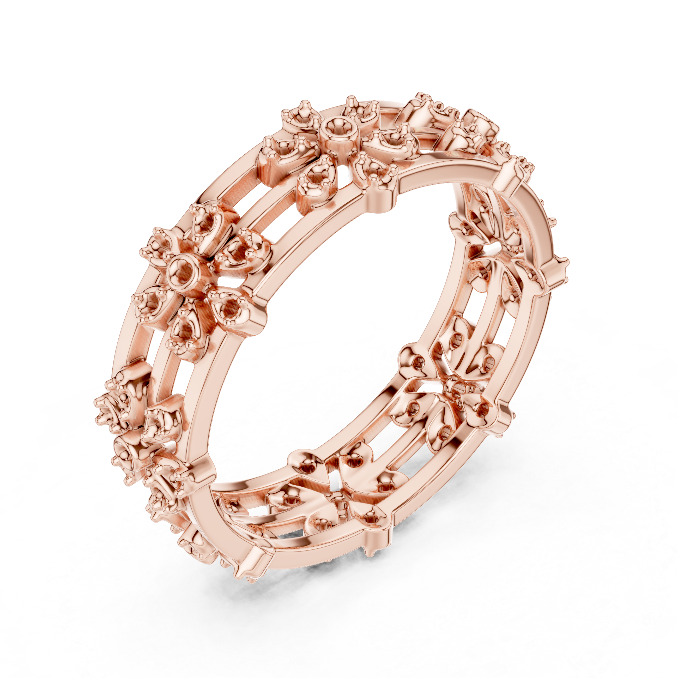 Floral Diamond Eternity Ring – Openwork Multi Flower Band Ring in Yellow Gold