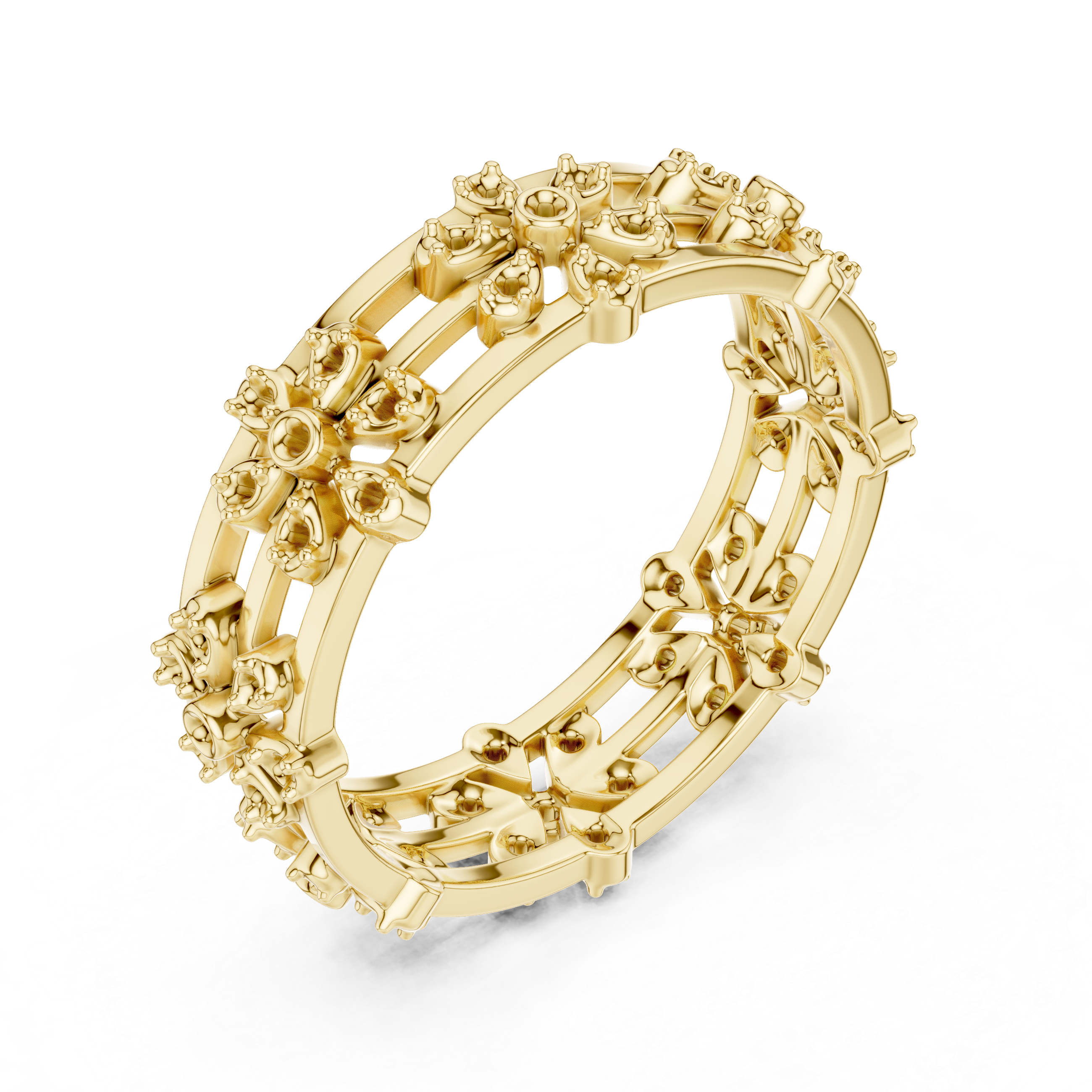 Floral Diamond Eternity Ring – Openwork Multi Flower Band Ring in Yellow Gold