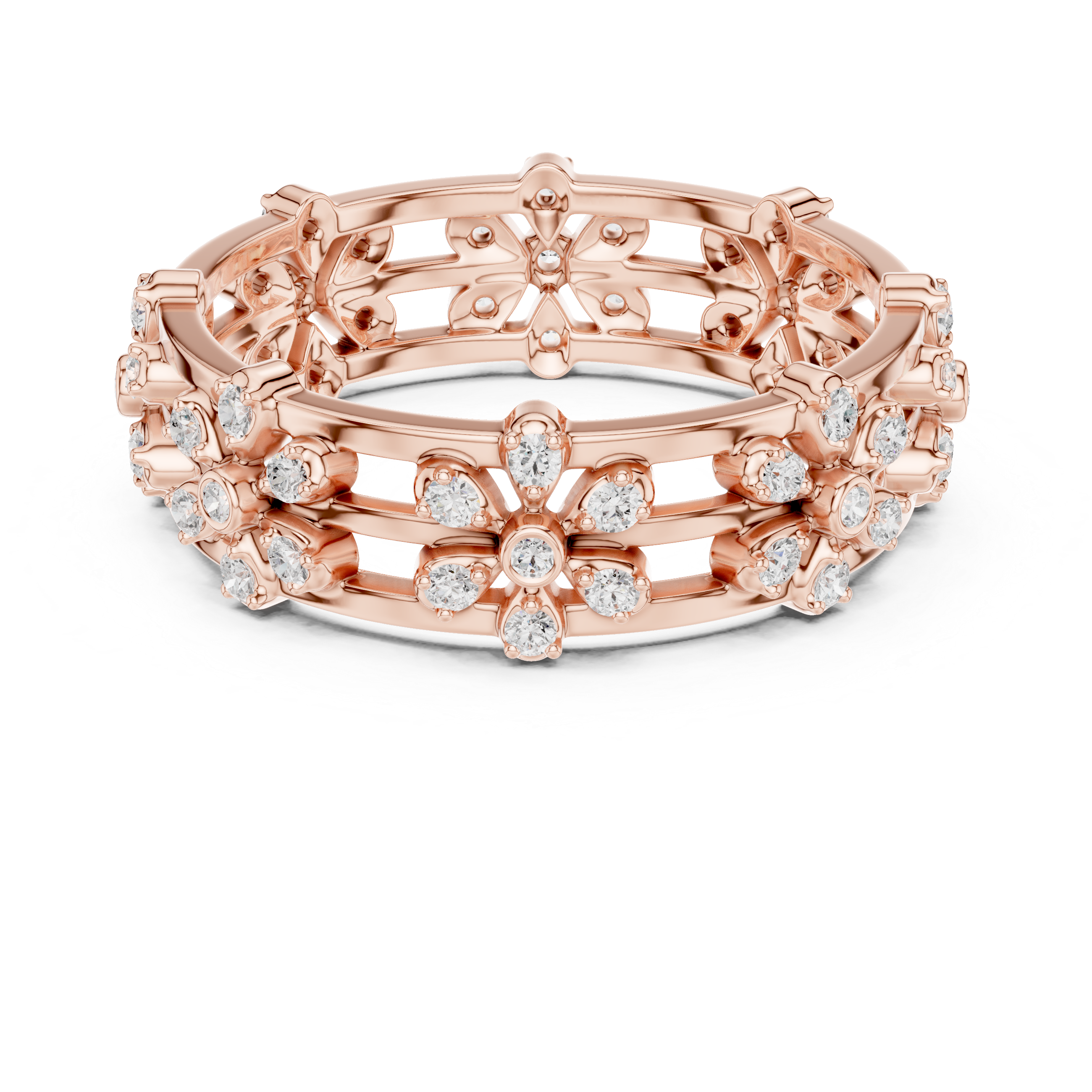 Floral Diamond Eternity Ring – Openwork Multi Flower Band Ring in Yellow Gold