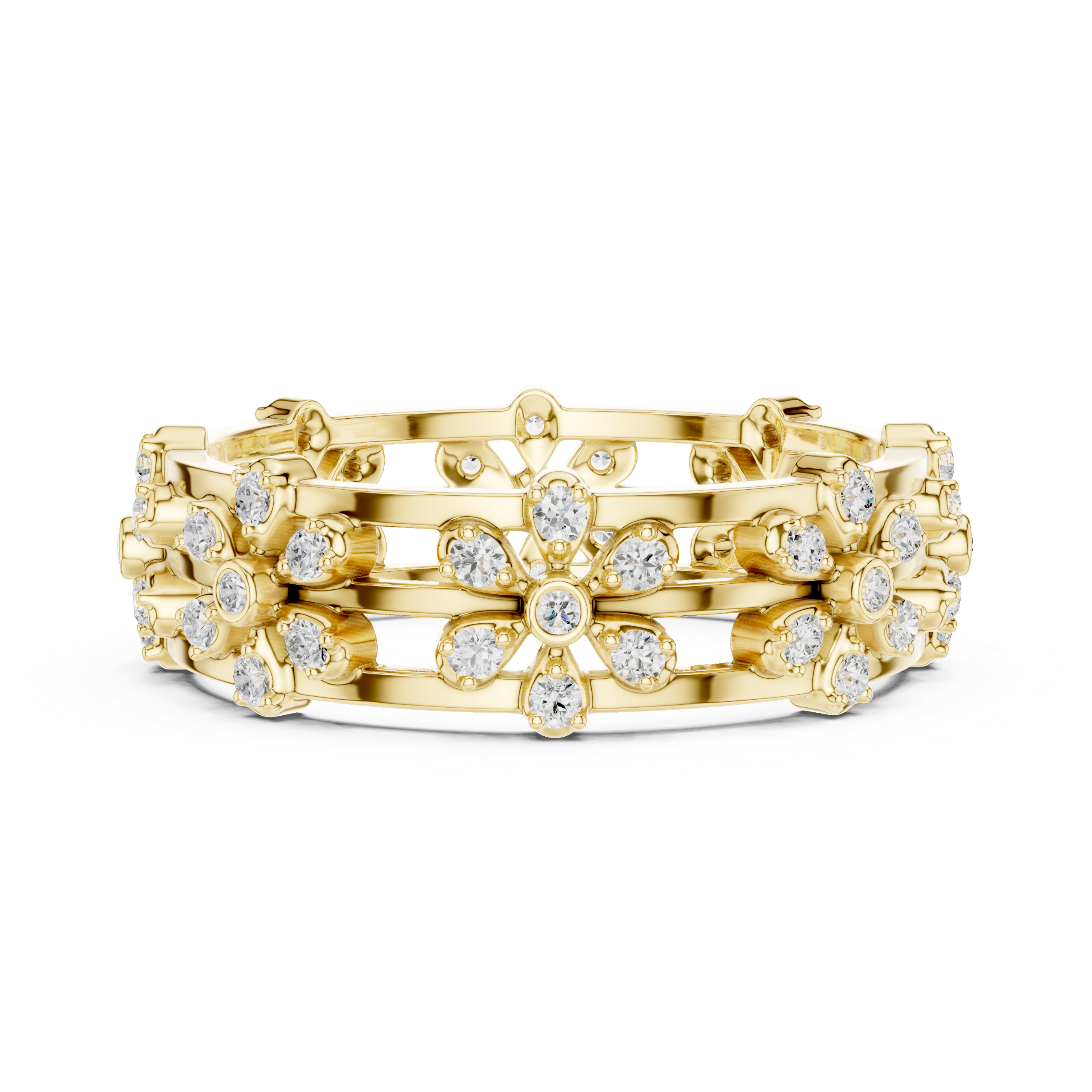 Floral Diamond Eternity Ring – Openwork Multi Flower Band Ring in Yellow Gold