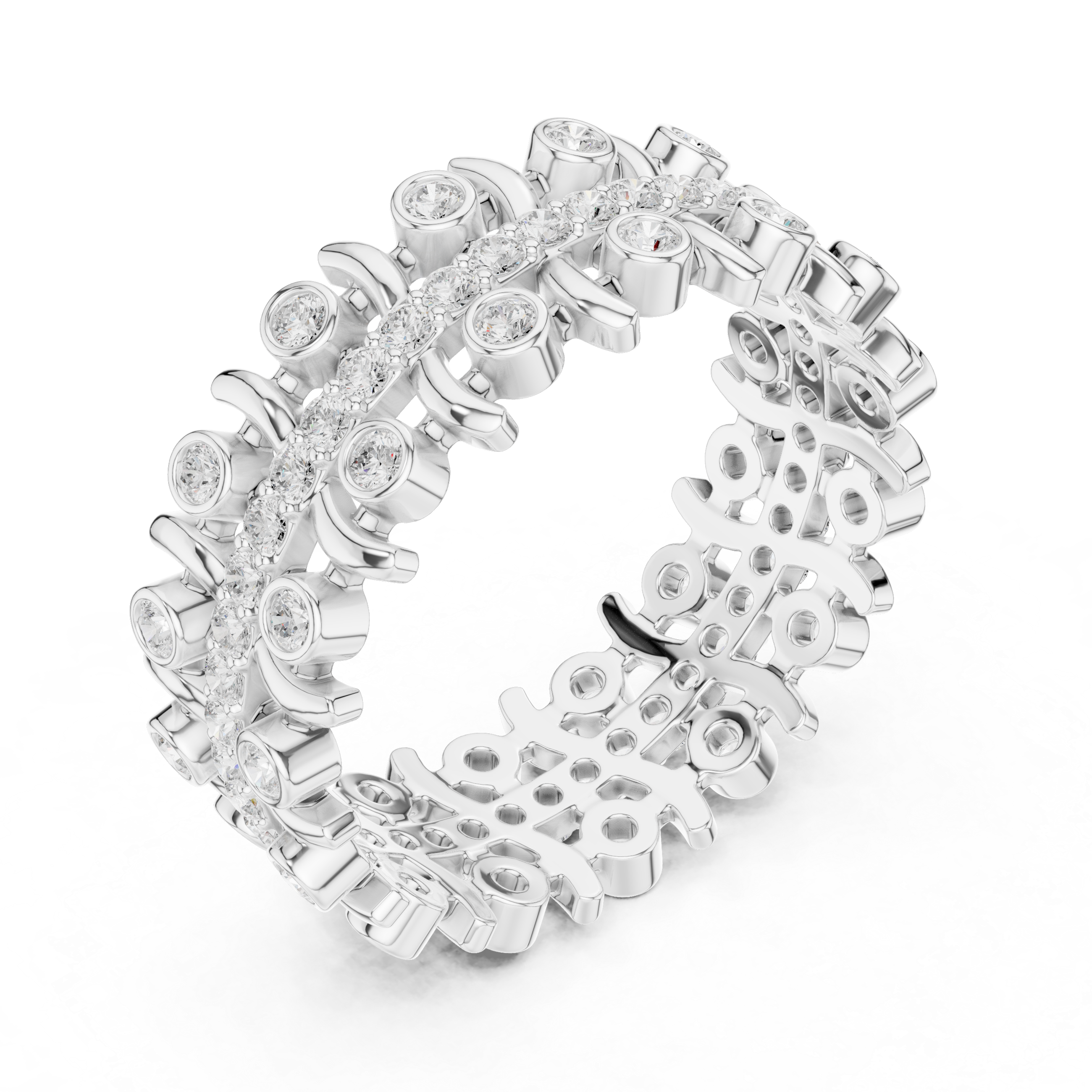Modern Diamond Eternity Band Ring – Geometric Bezel Set Openwork Designer Ring