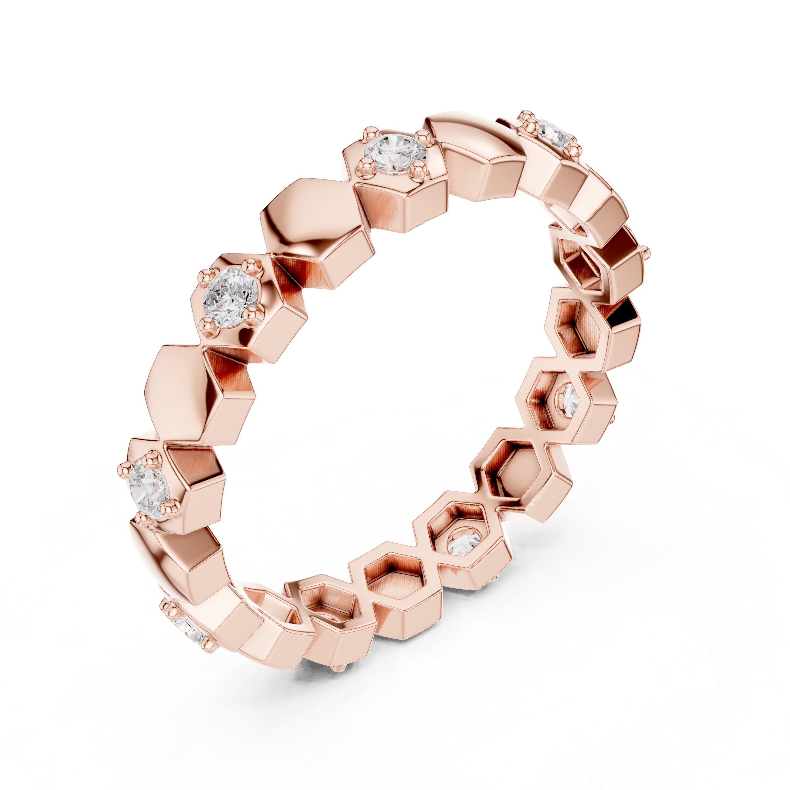 Minimalist Hexagon Diamond Eternity Ring – Modern Geometric Gold Band
