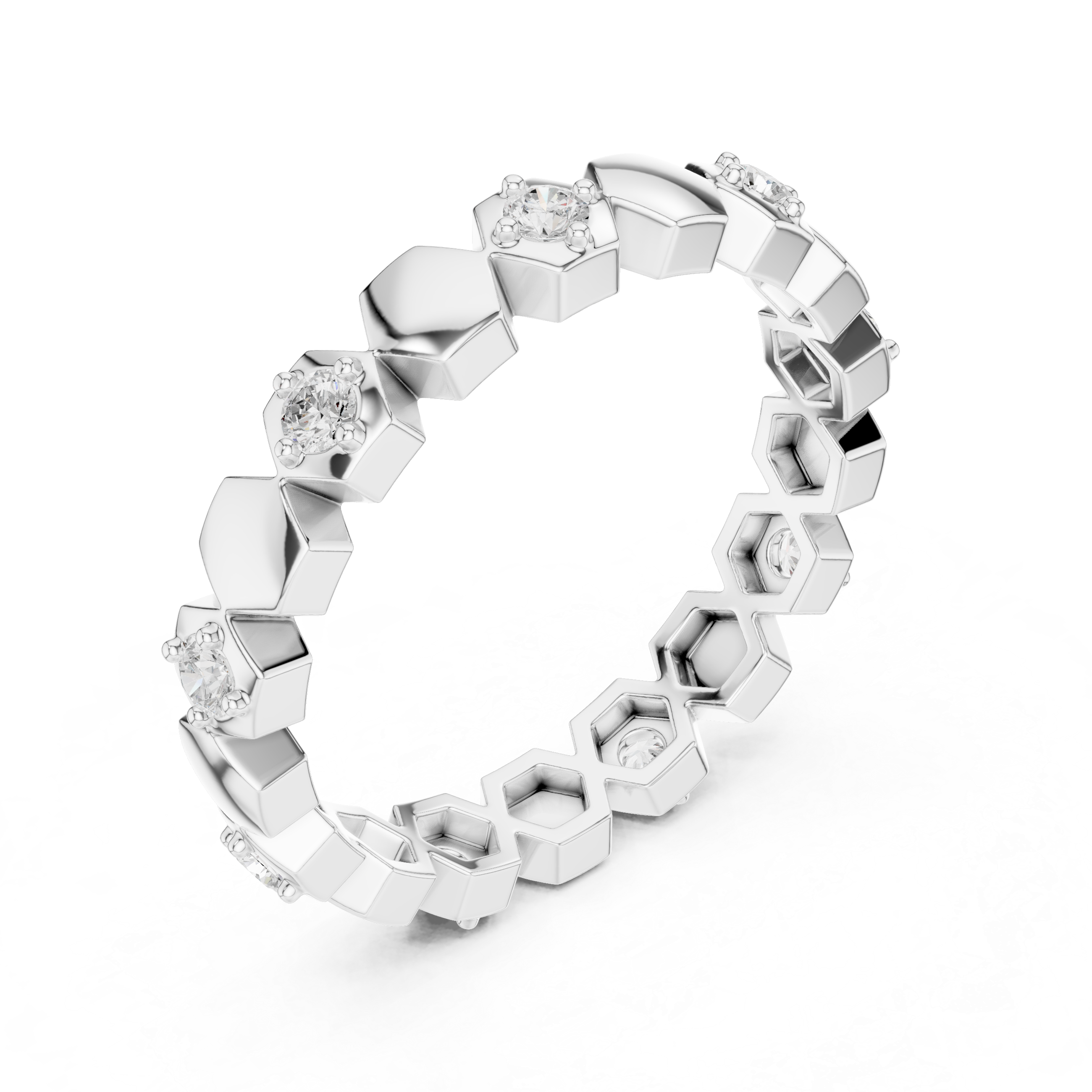 Minimalist Hexagon Diamond Eternity Ring – Modern Geometric Gold Band