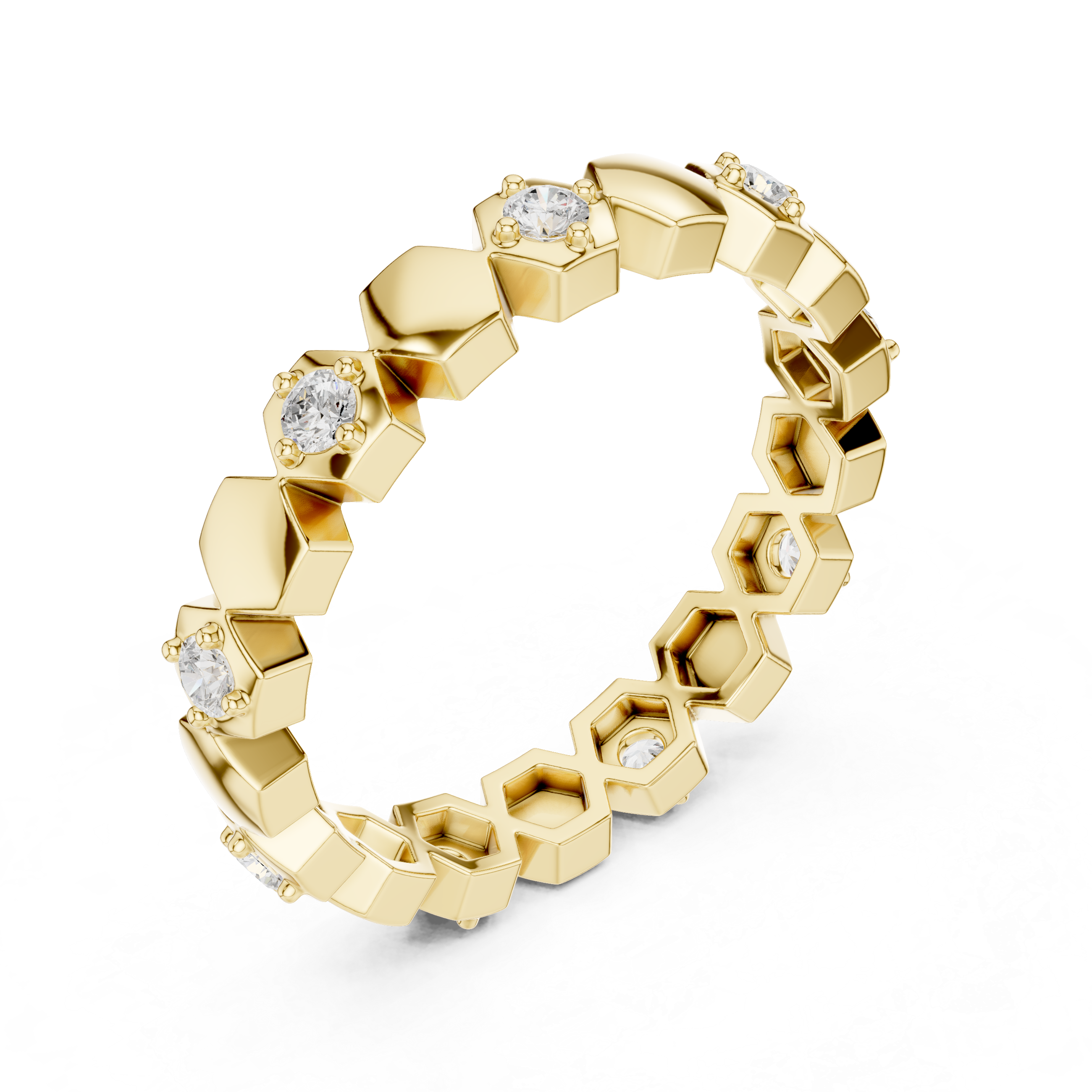Minimalist Hexagon Diamond Eternity Ring – Modern Geometric Gold Band