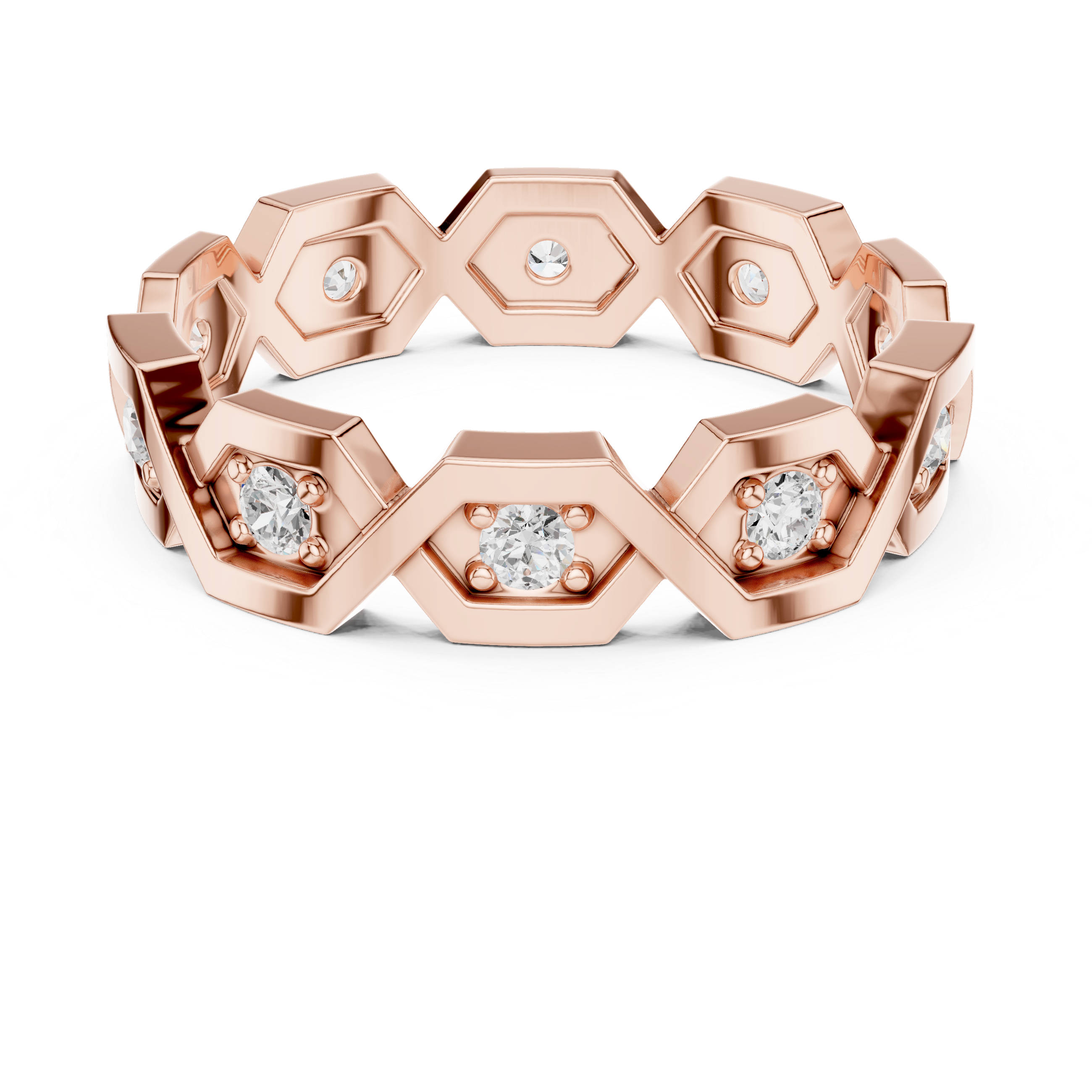 Geometric Hexagon Diamond Ring – Modern Openwork Gold Eternity Band