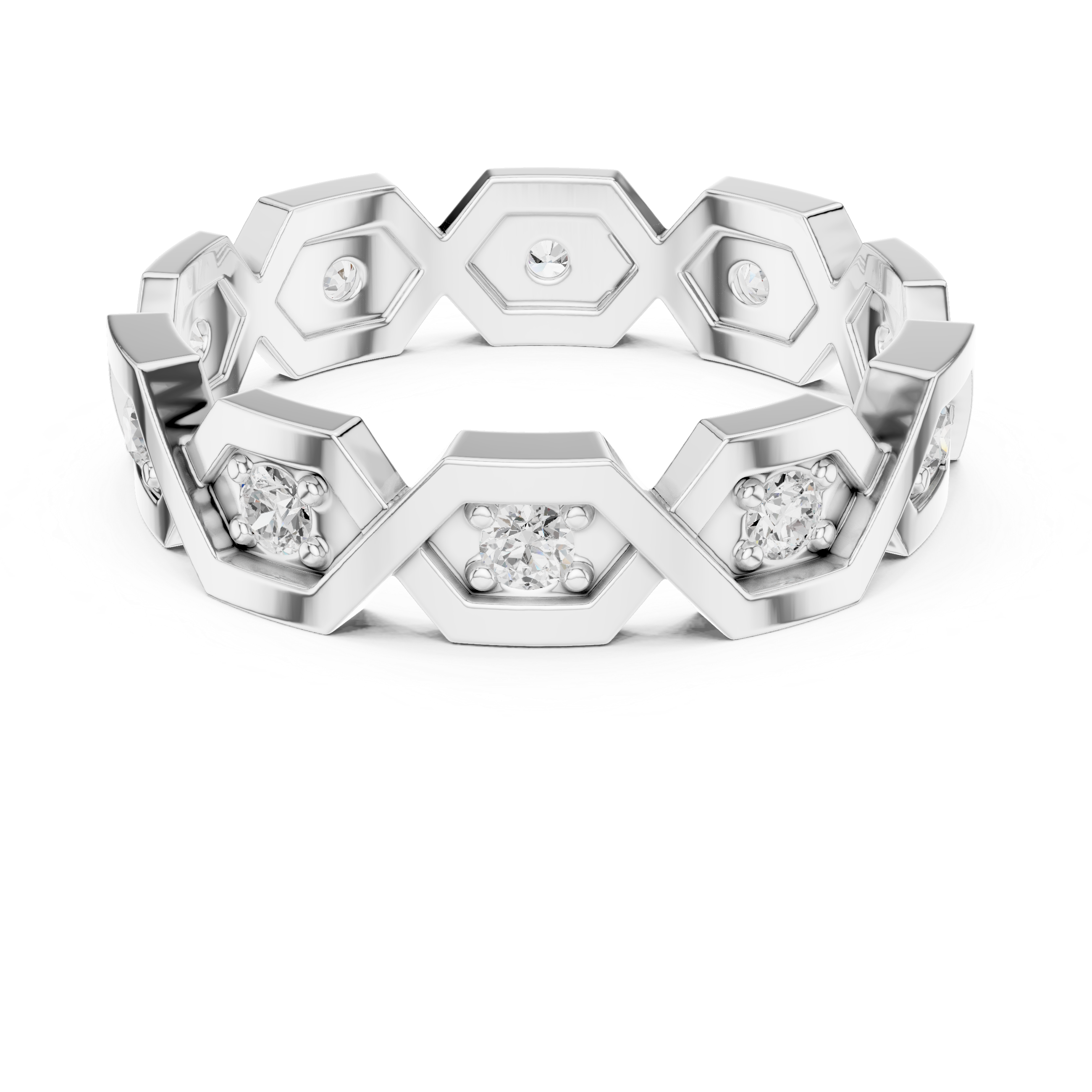 Geometric Hexagon Diamond Ring – Modern Openwork Gold Eternity Band