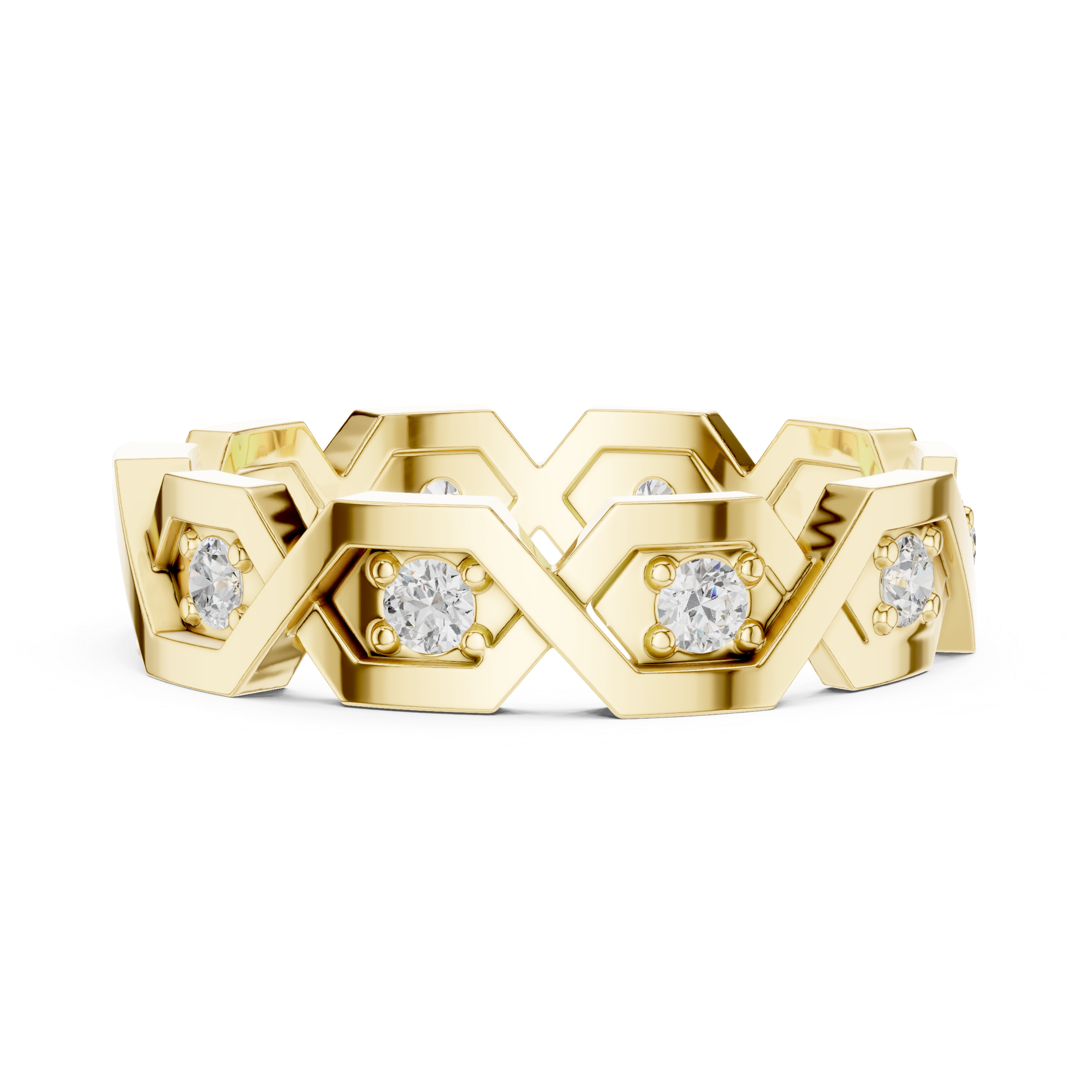 Geometric Hexagon Diamond Ring – Modern Openwork Gold Eternity Band