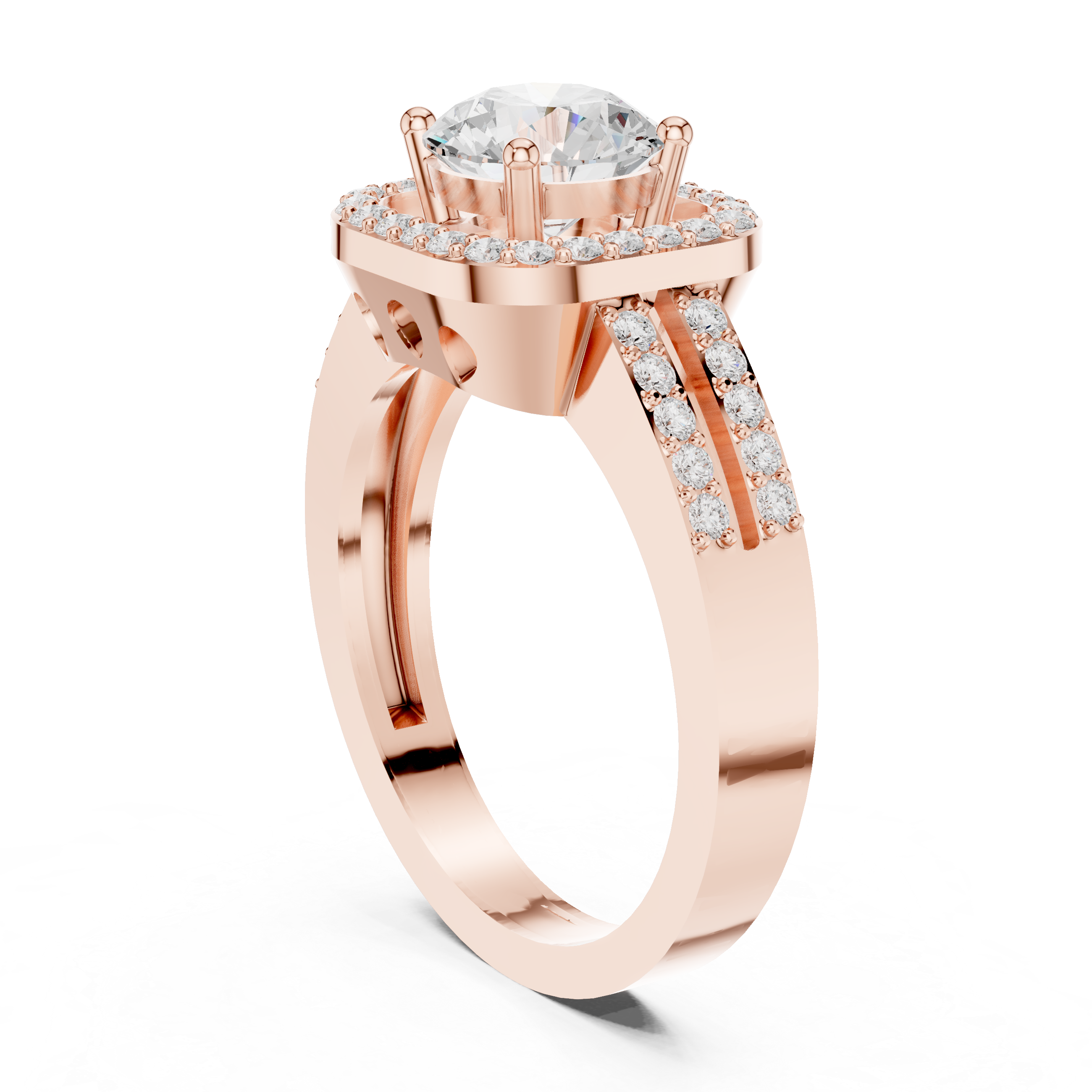 Round Halo Engagement Ring with Double Pavé Split Shank – Cushion Halo Diamond Ring