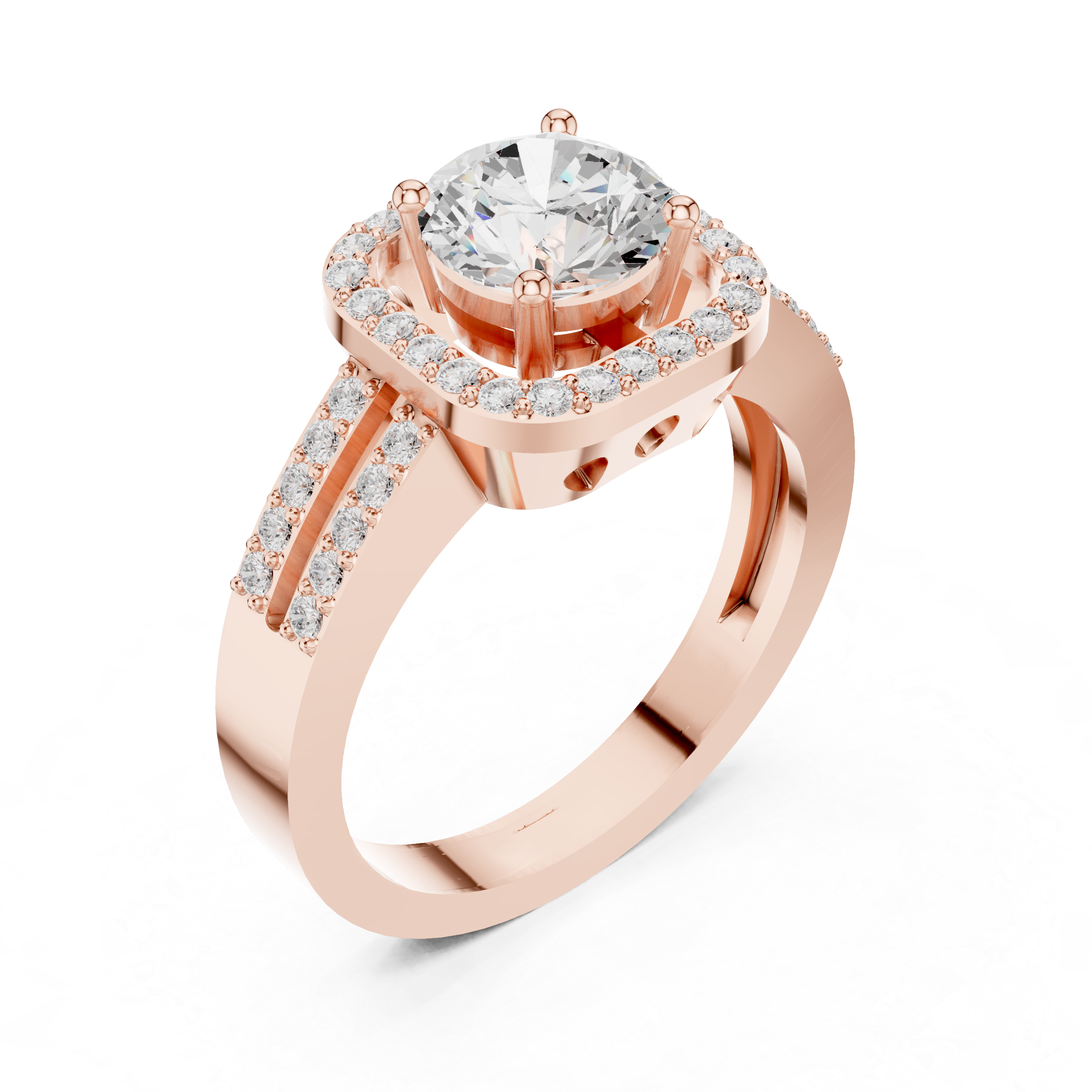 Round Halo Engagement Ring with Double Pavé Split Shank – Cushion Halo Diamond Ring