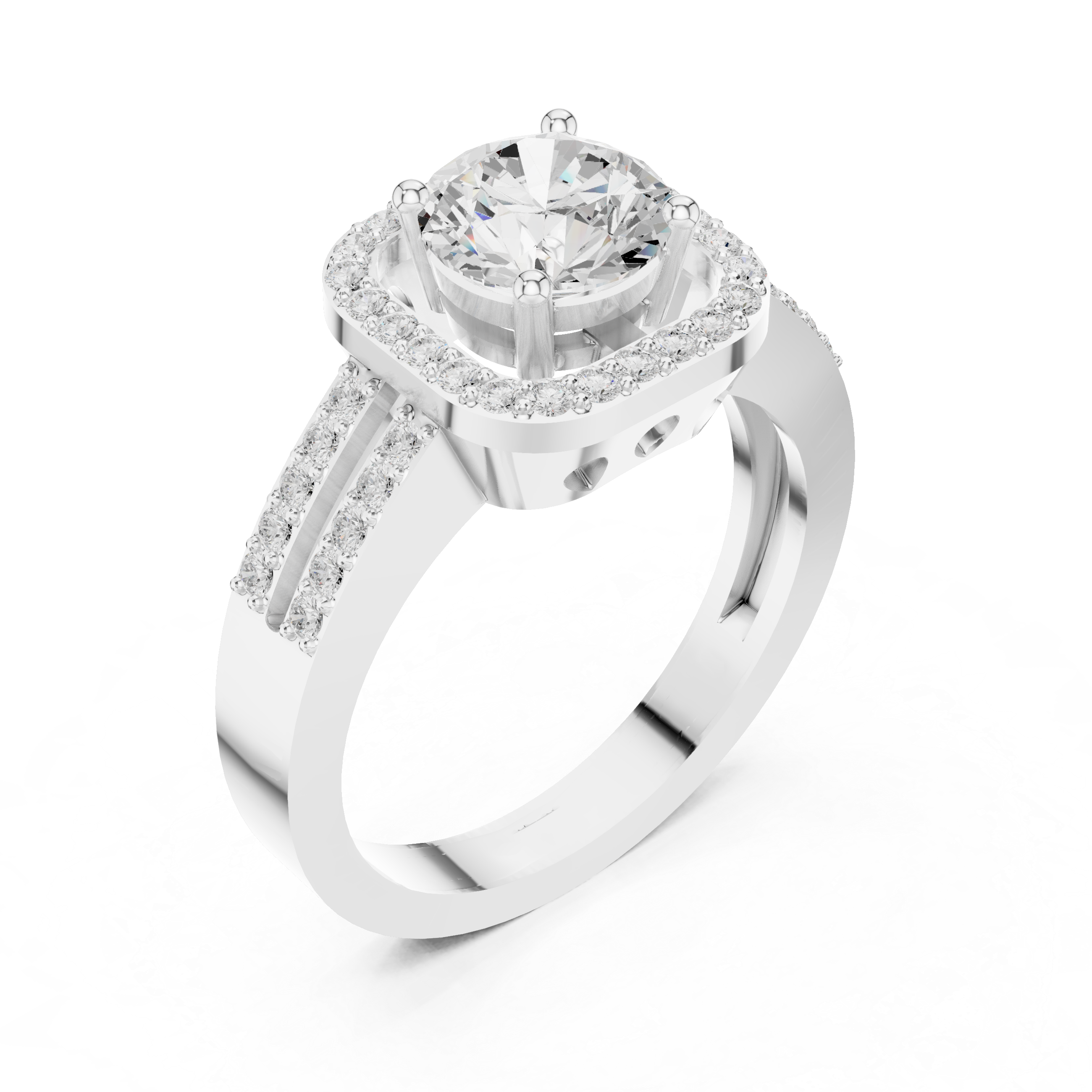 Round Halo Engagement Ring with Double Pavé Split Shank – Cushion Halo Diamond Ring