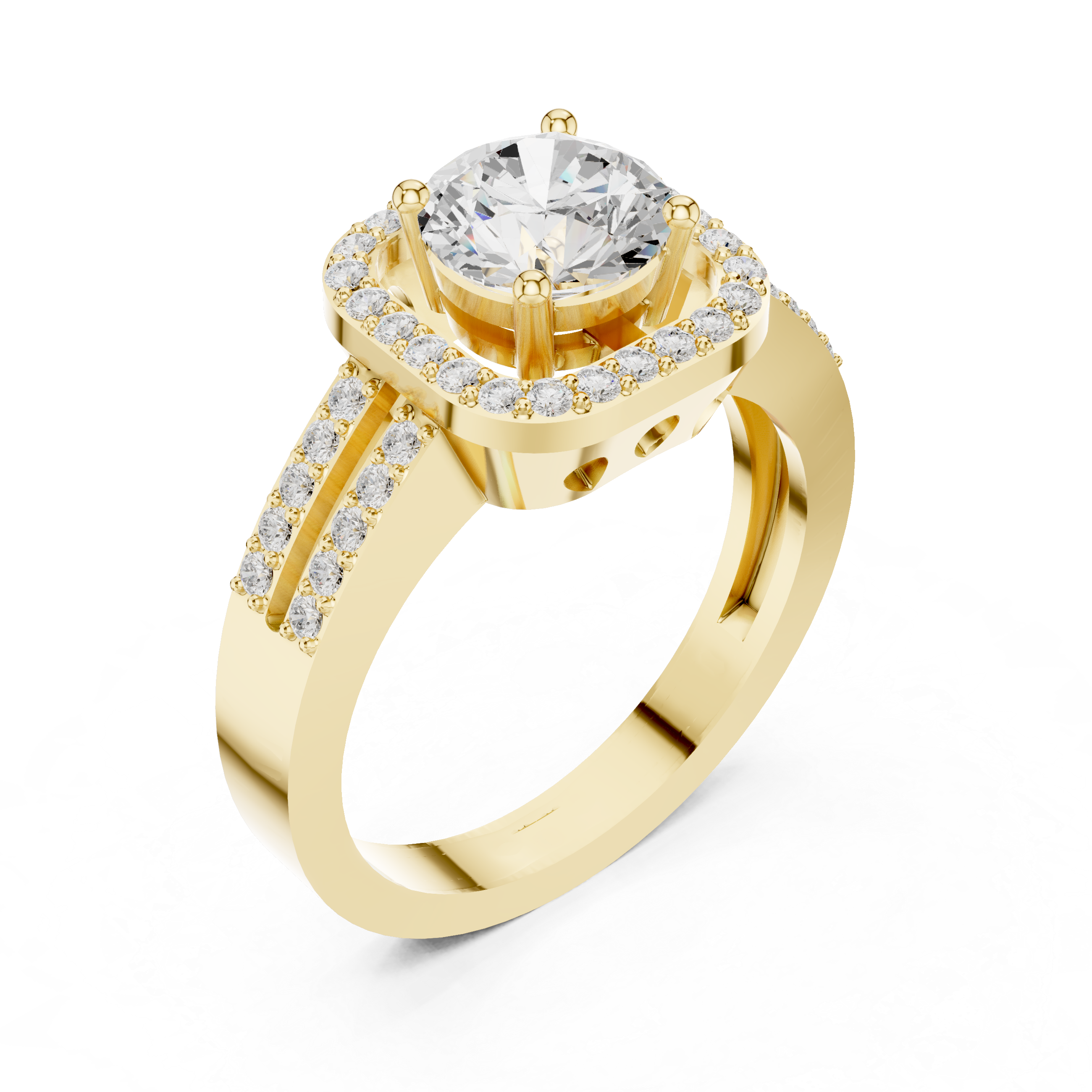 Round Halo Engagement Ring with Double Pavé Split Shank – Cushion Halo Diamond Ring