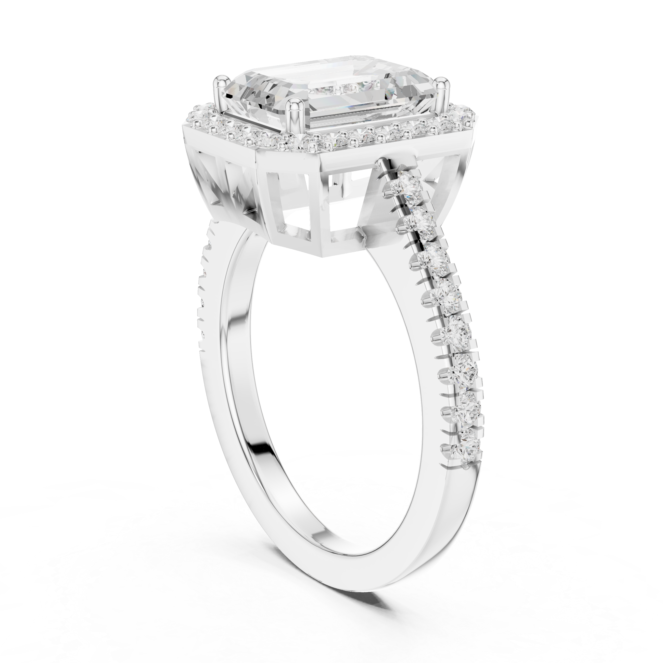 Emerald Cut Halo Engagement Ring with Pavé Diamond Band – Vintage Inspired Gold Ring