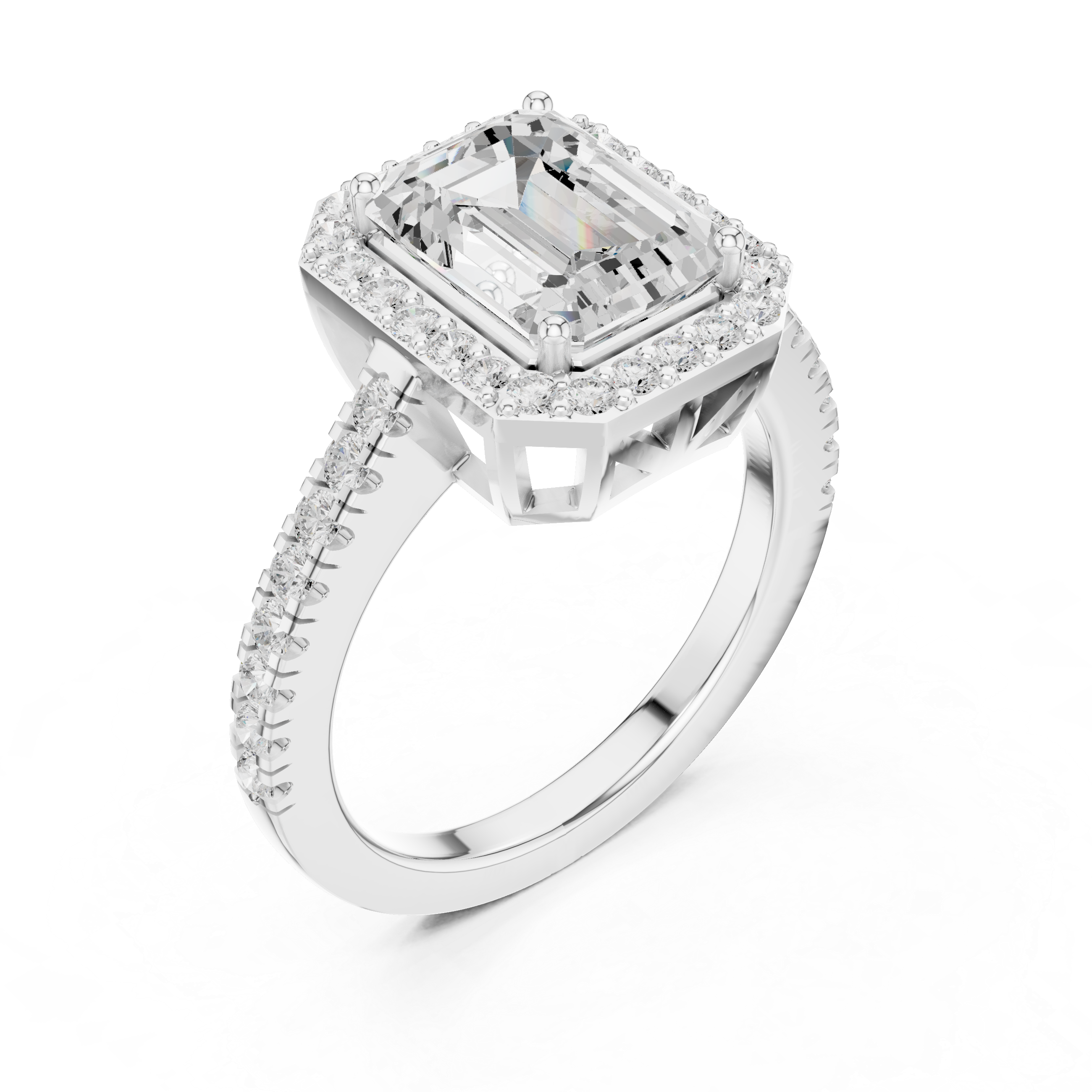 Emerald Cut Halo Engagement Ring with Pavé Diamond Band – Vintage Inspired Gold Ring
