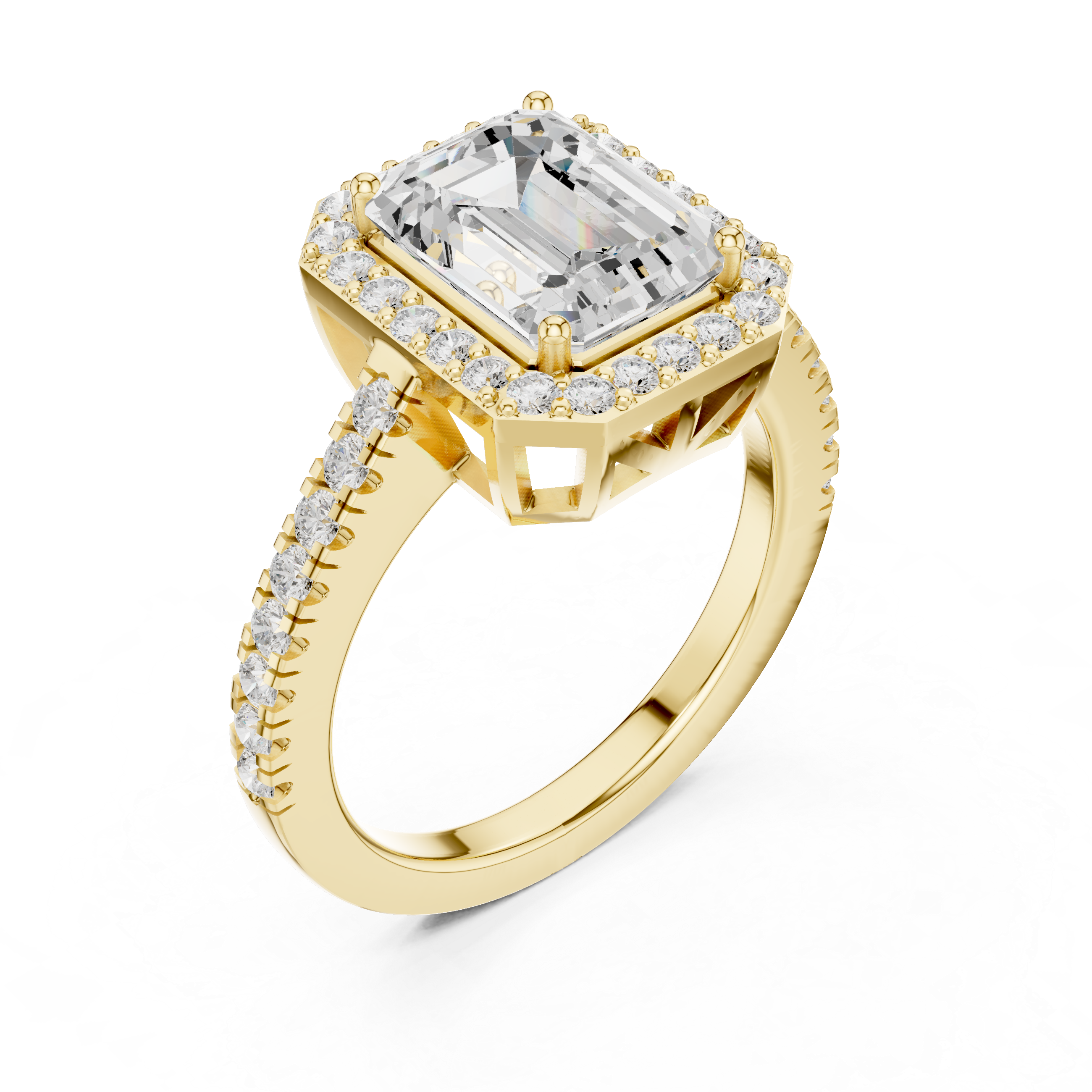 Emerald Cut Halo Engagement Ring with Pavé Diamond Band – Vintage Inspired Gold Ring