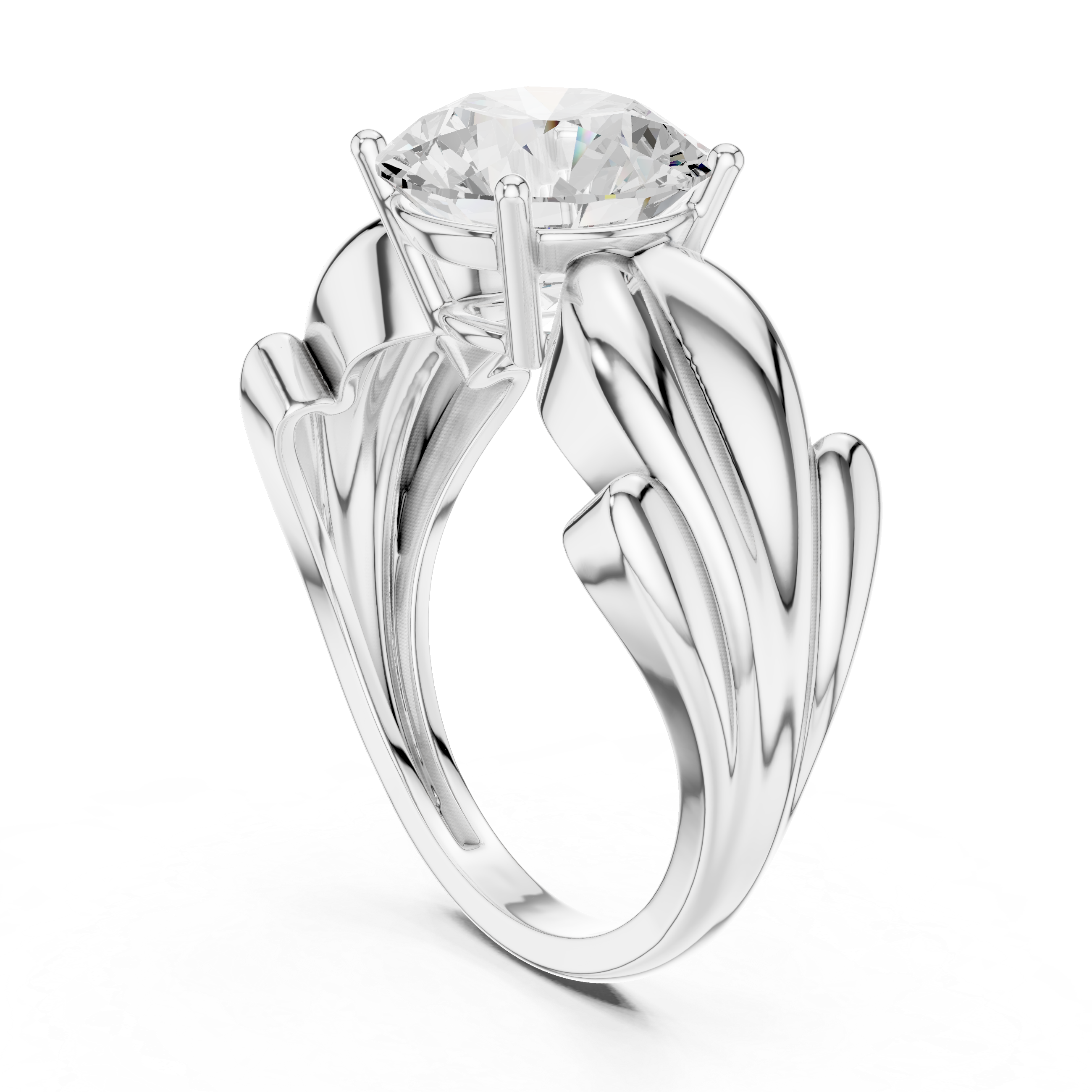 Round Solitaire Engagement Ring with Sculpted Leaf Shoulders – Nature Inspired Gold Diamond Ring