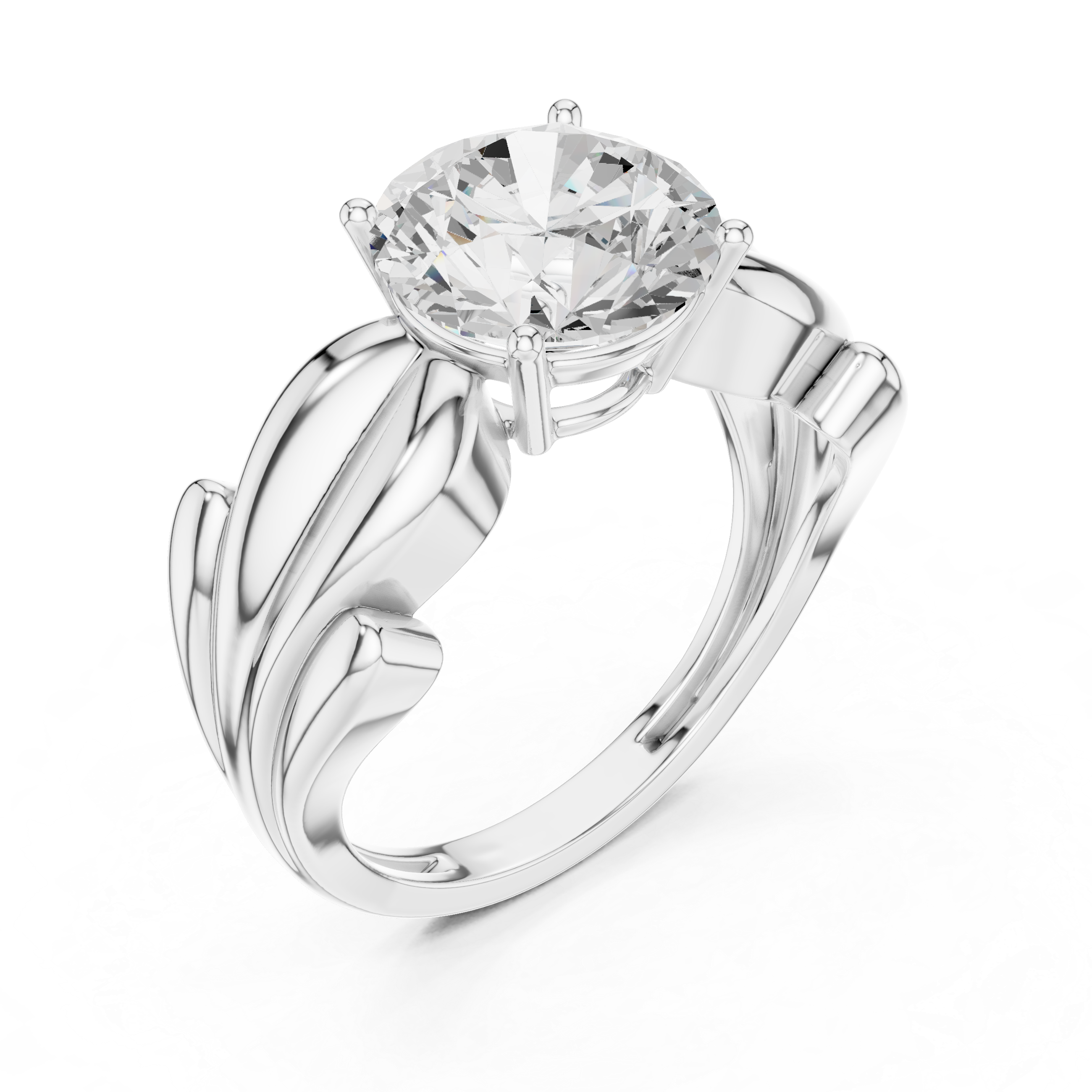 Round Solitaire Engagement Ring with Sculpted Leaf Shoulders – Nature Inspired Gold Diamond Ring