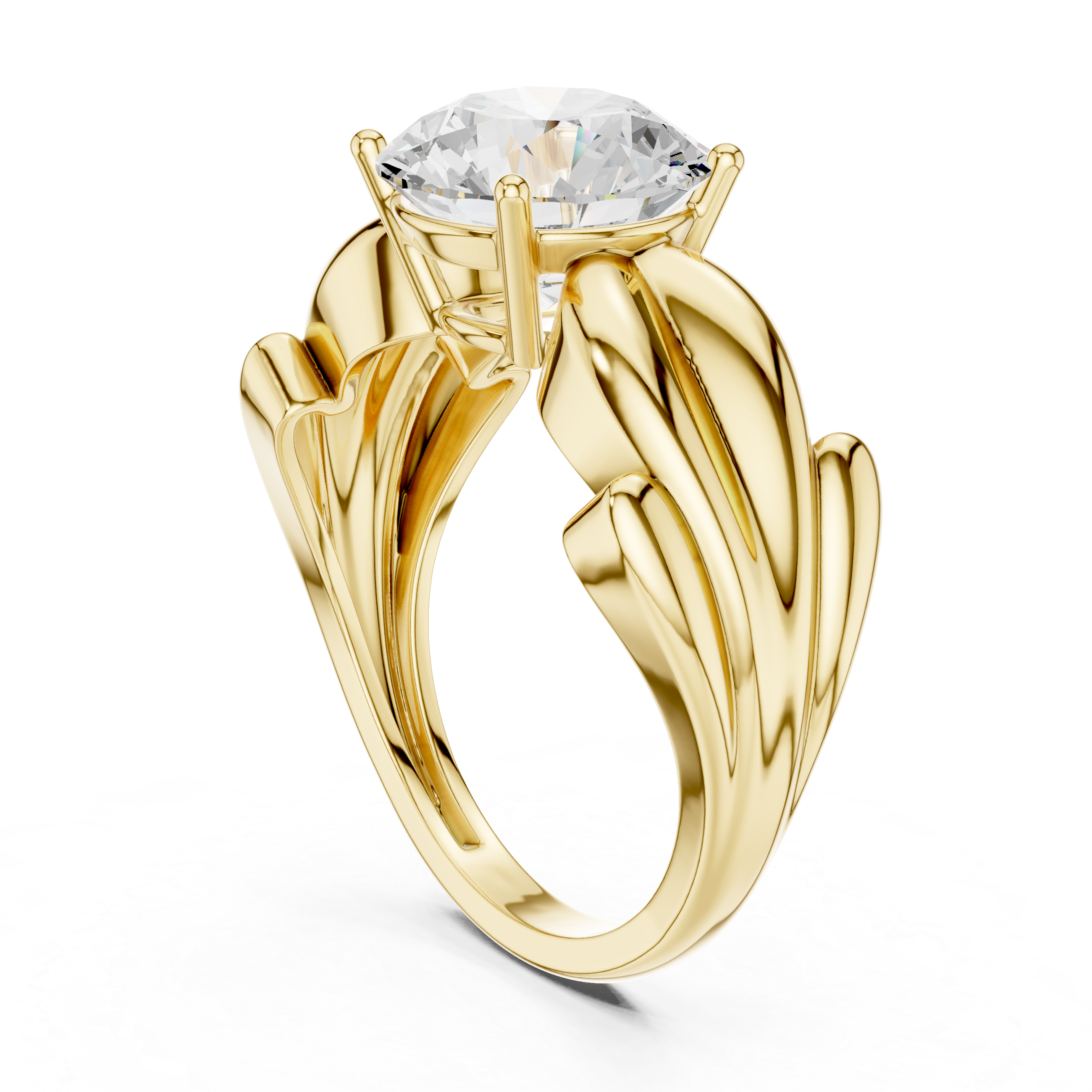 Round Solitaire Engagement Ring with Sculpted Leaf Shoulders – Nature Inspired Gold Diamond Ring
