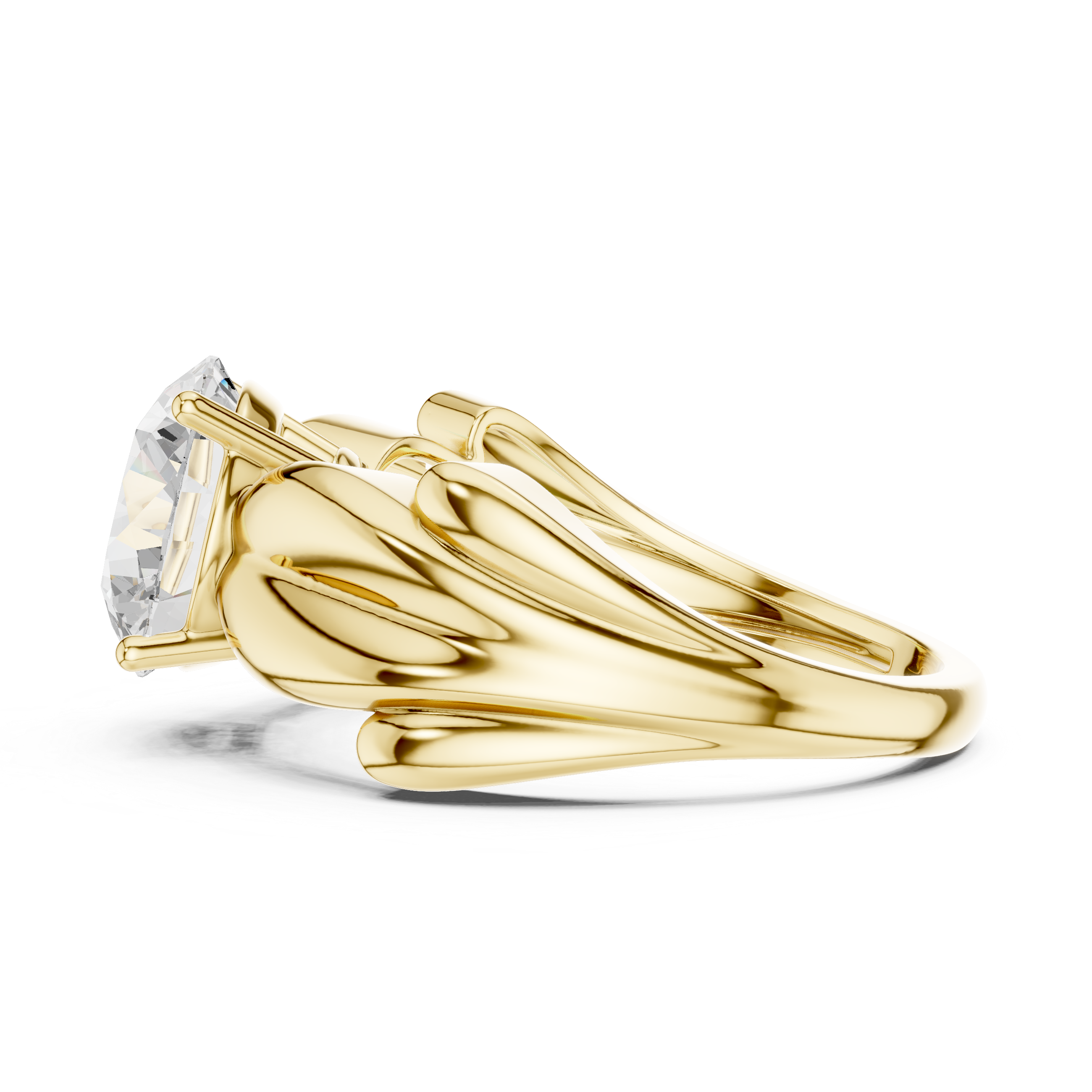 Round Solitaire Engagement Ring with Sculpted Leaf Shoulders – Nature Inspired Gold Diamond Ring