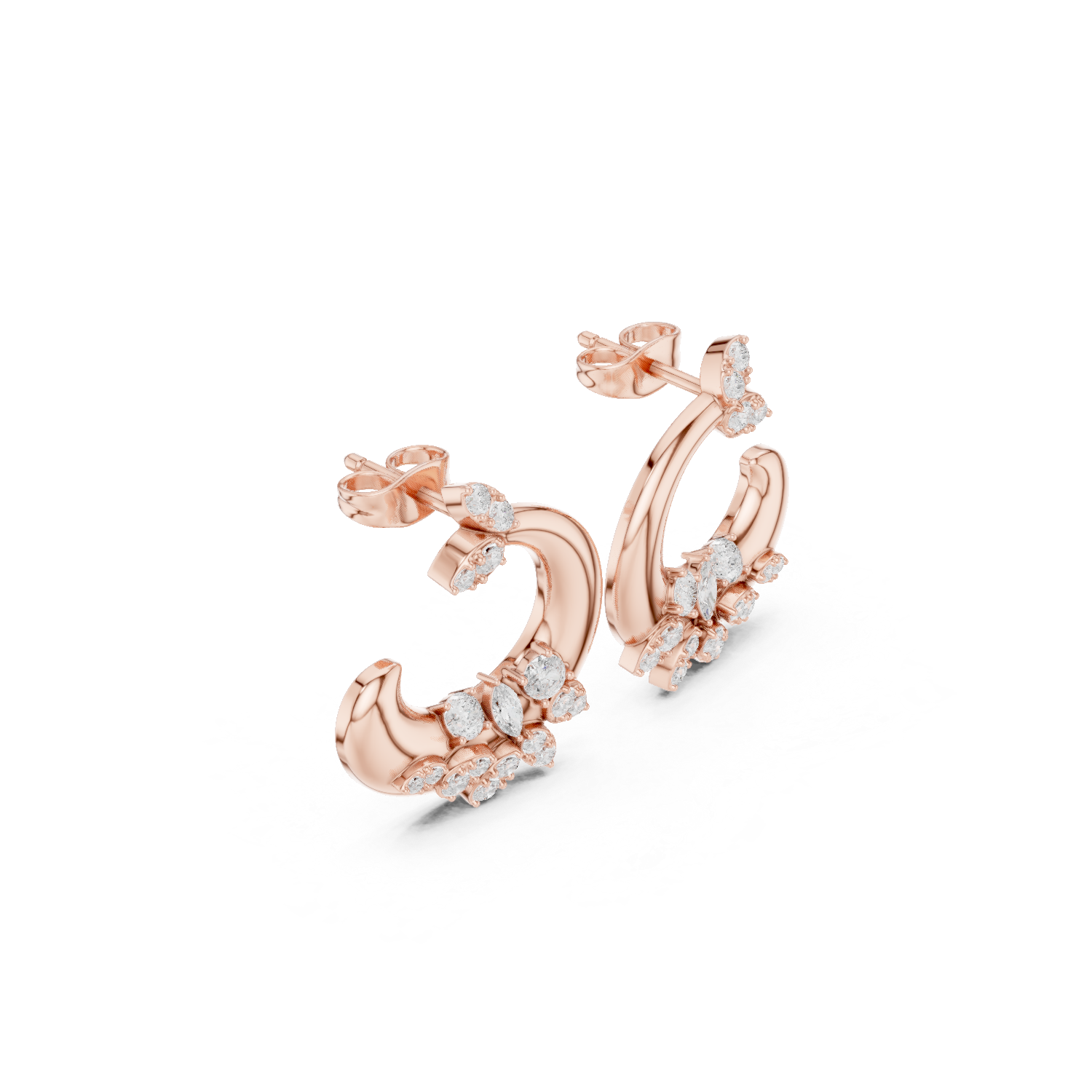 Diamond Crescent Floral Stud Earrings