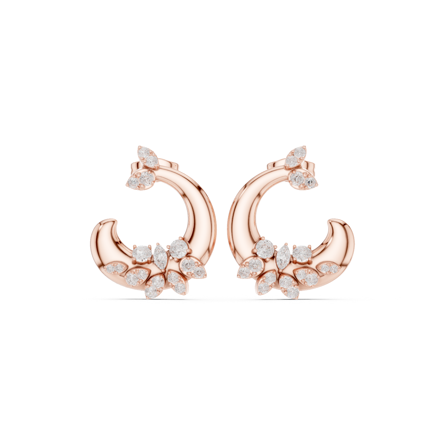 Diamond Crescent Floral Stud Earrings