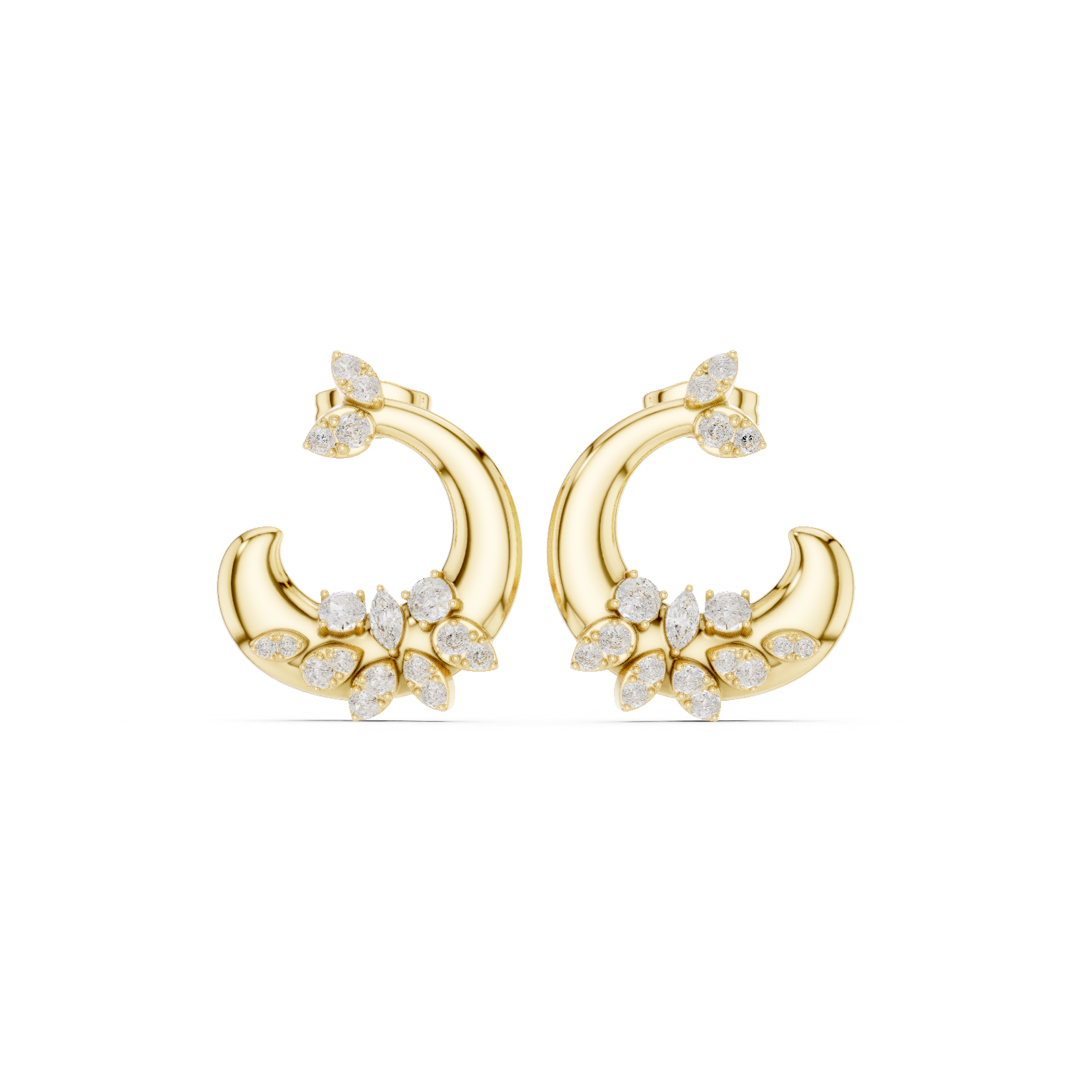 Diamond Crescent Floral Stud Earrings