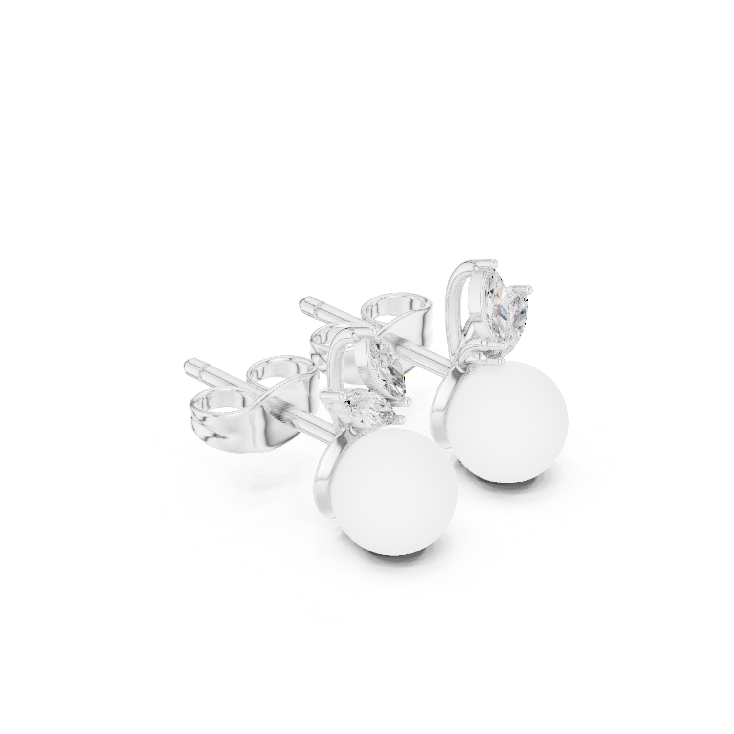 Diamond Leaf Pearl Stud Earrings