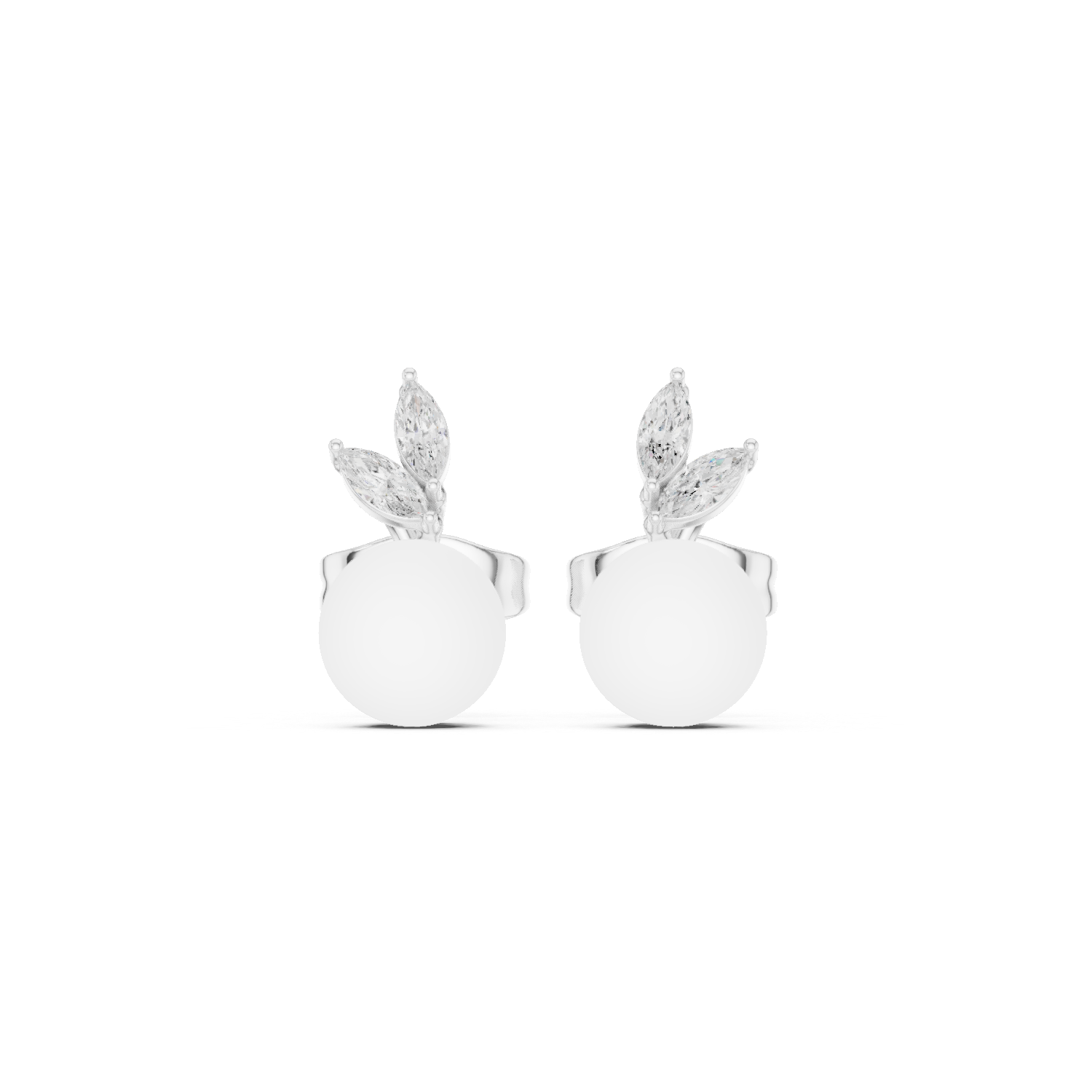 Diamond Leaf Pearl Stud Earrings