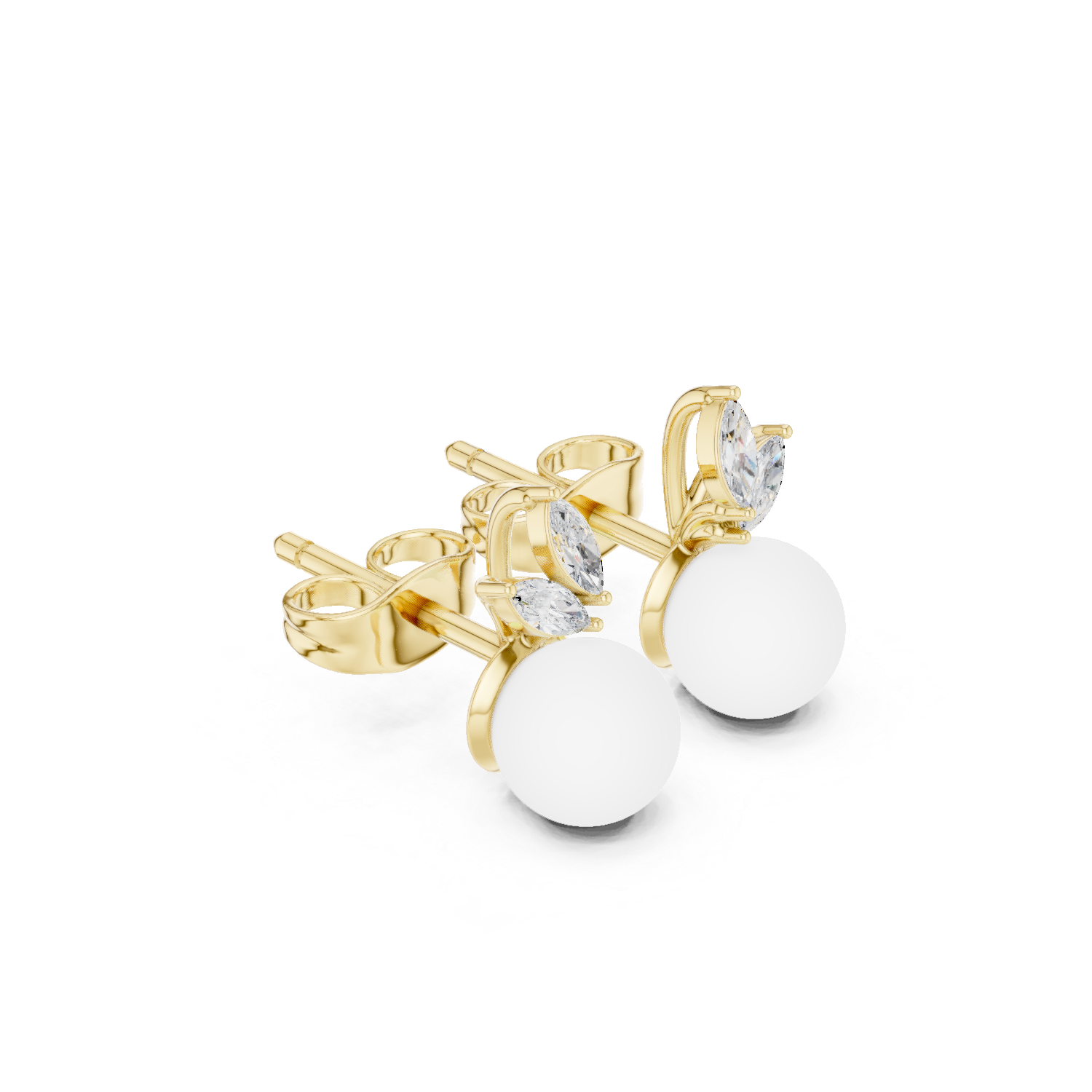 Diamond Leaf Pearl Stud Earrings