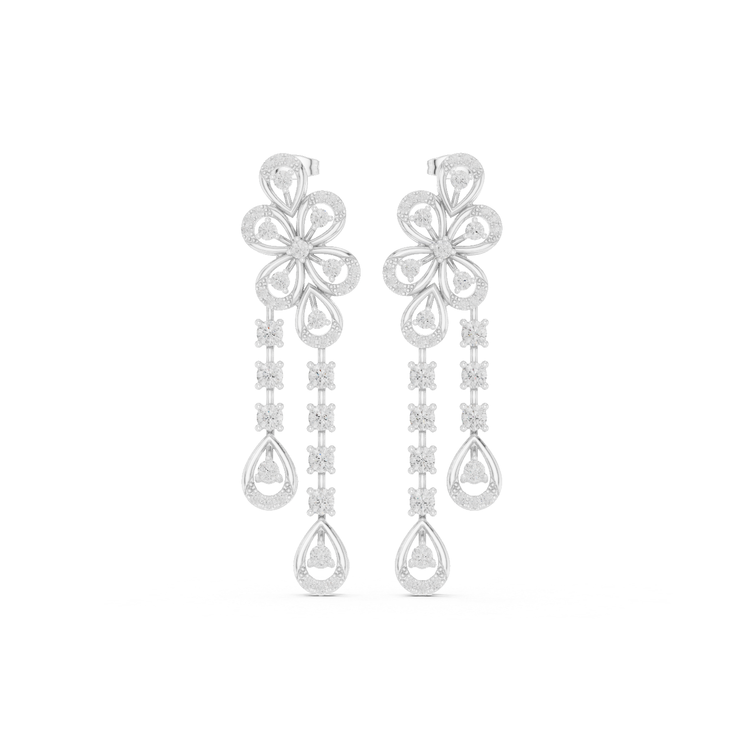 Floral Diamond Drop Earrings with Double Chain Dangles