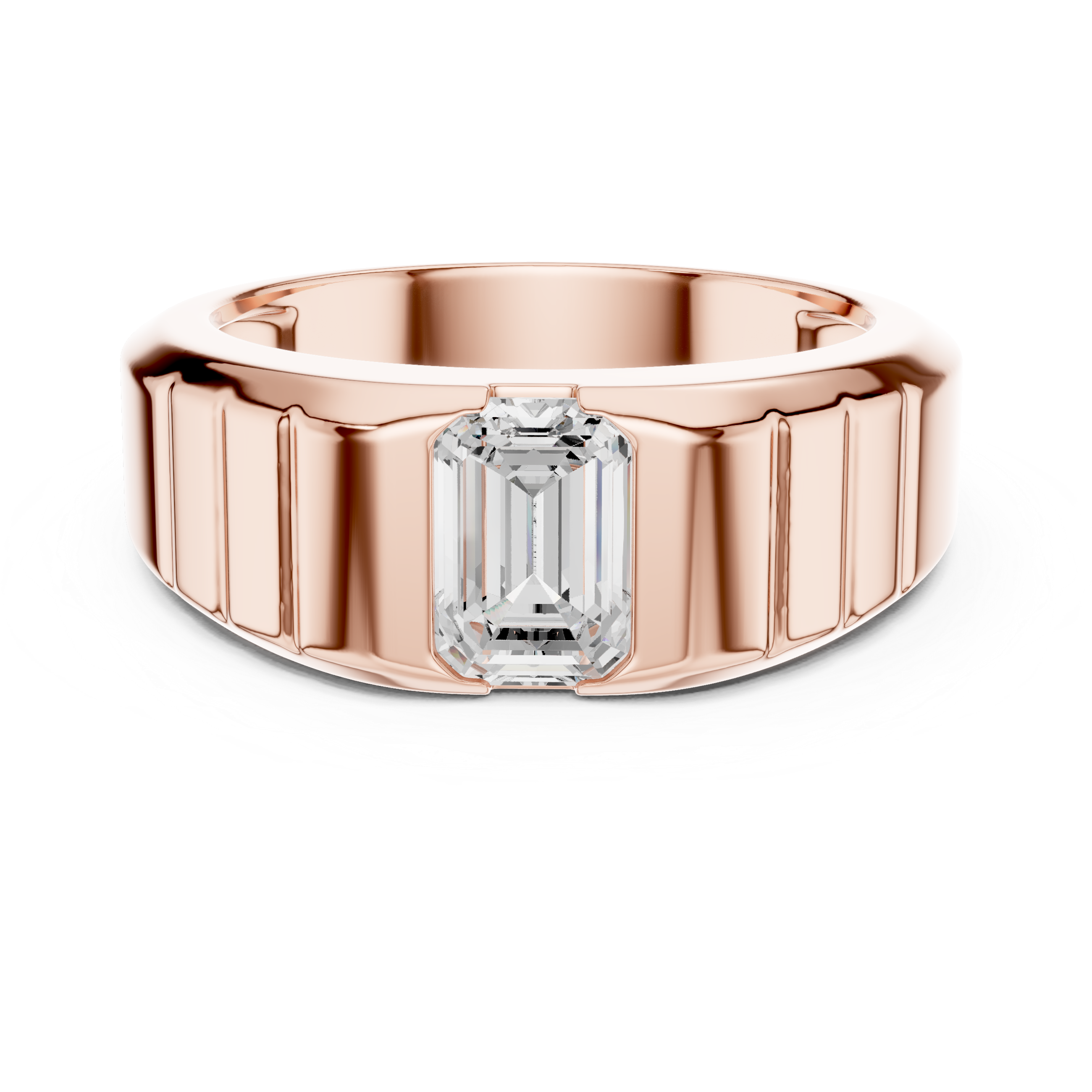 Emerald Cut Diamond Signet Ring with Grooved Band