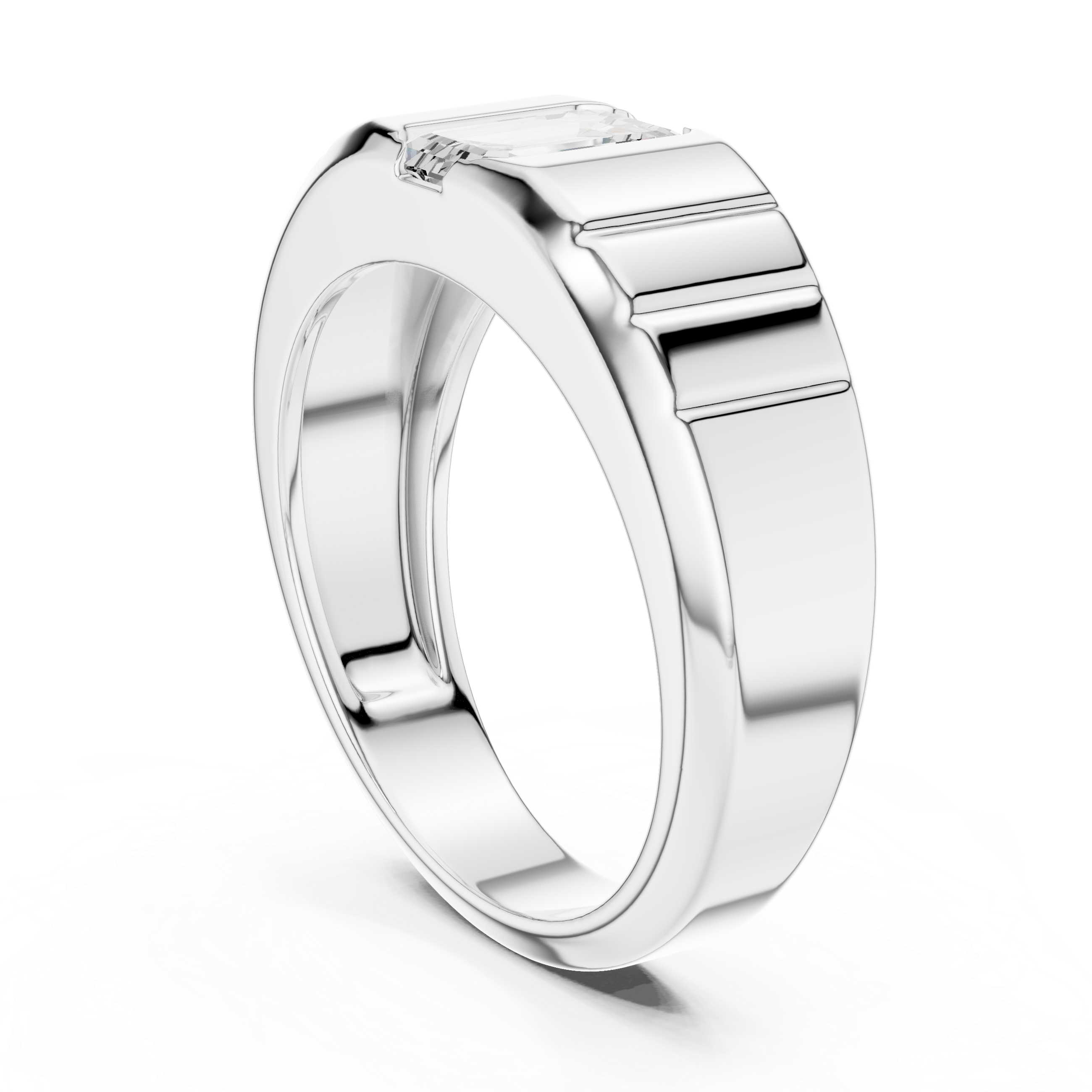 Emerald Cut Diamond Signet Ring with Grooved Band