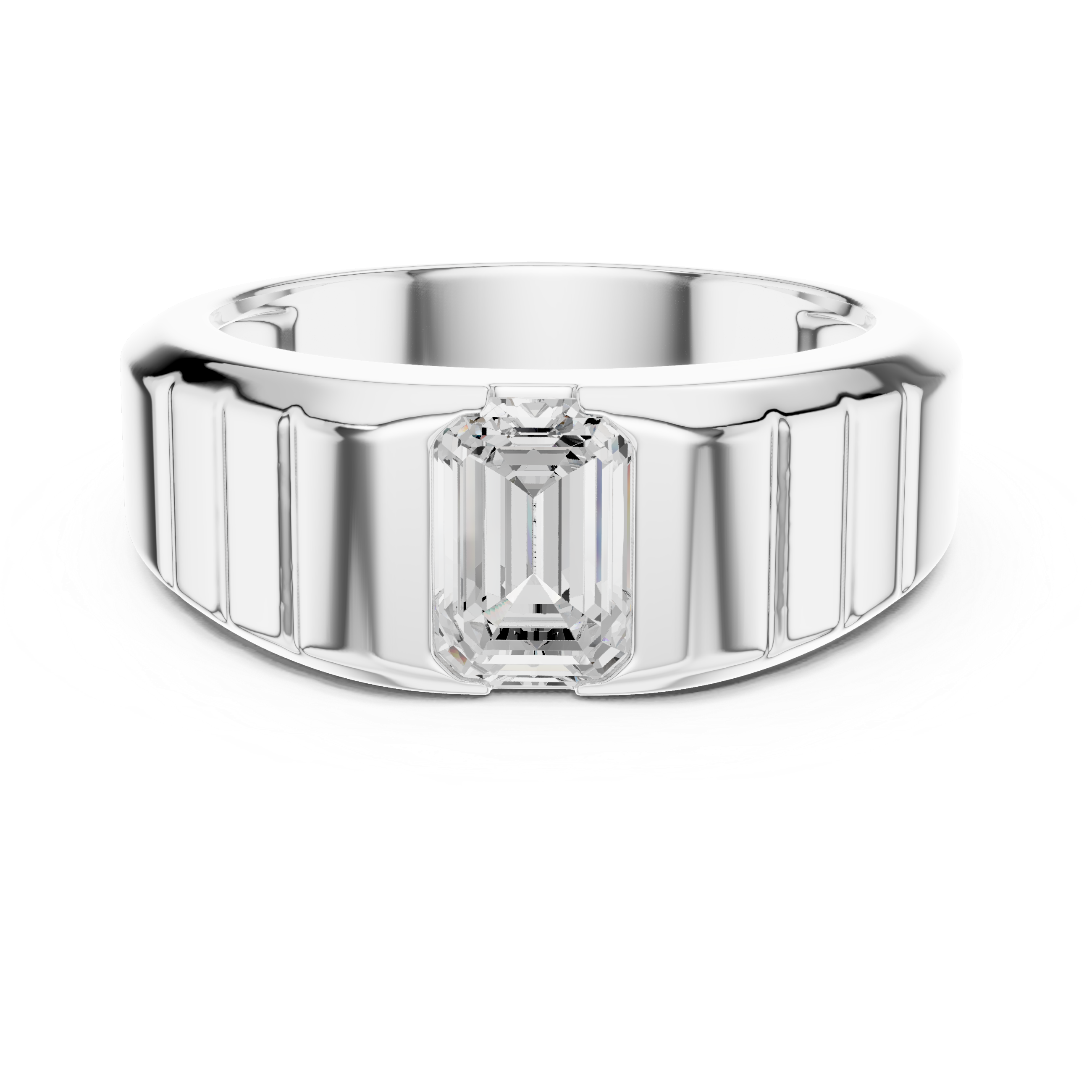 Emerald Cut Diamond Signet Ring with Grooved Band