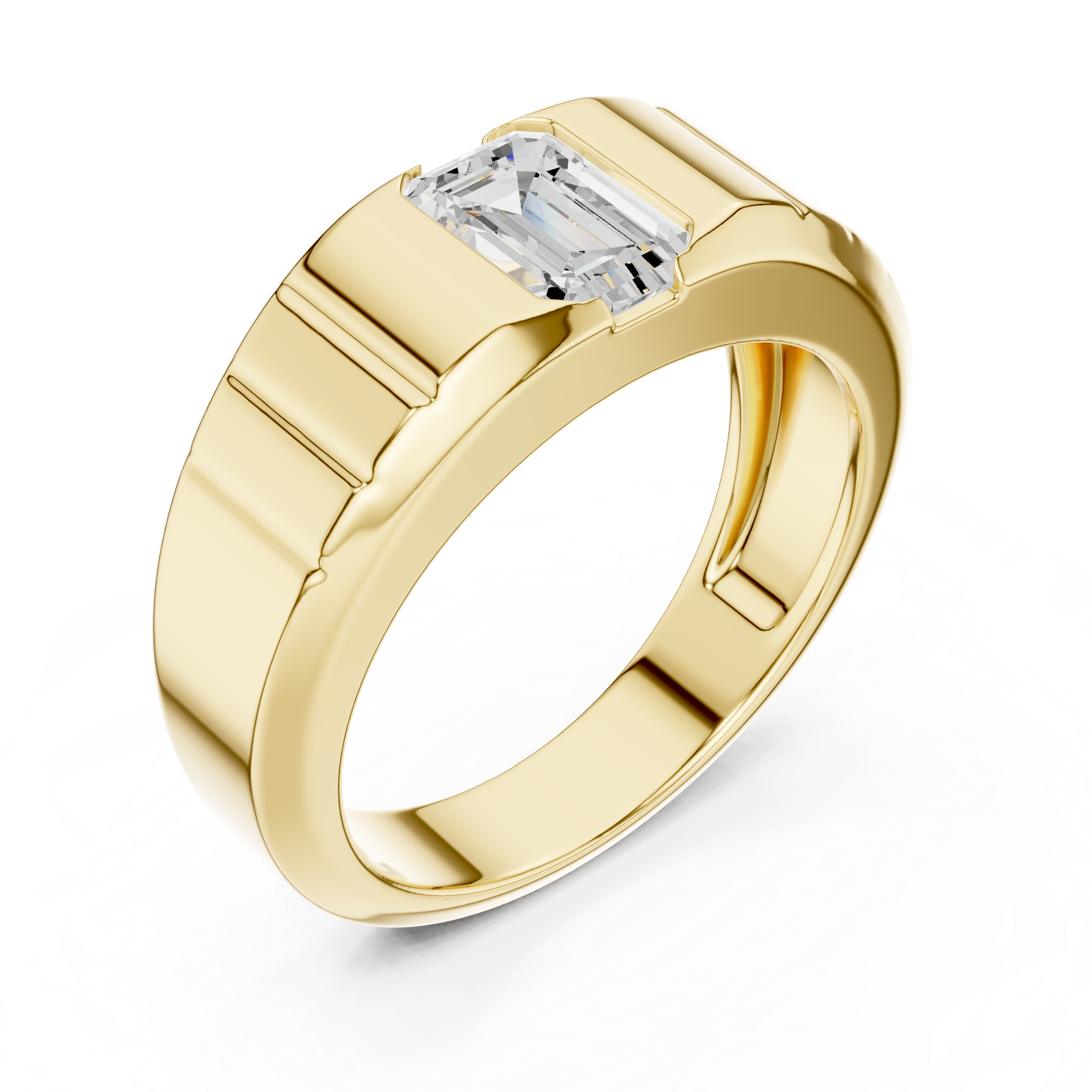Emerald Cut Diamond Signet Ring with Grooved Band
