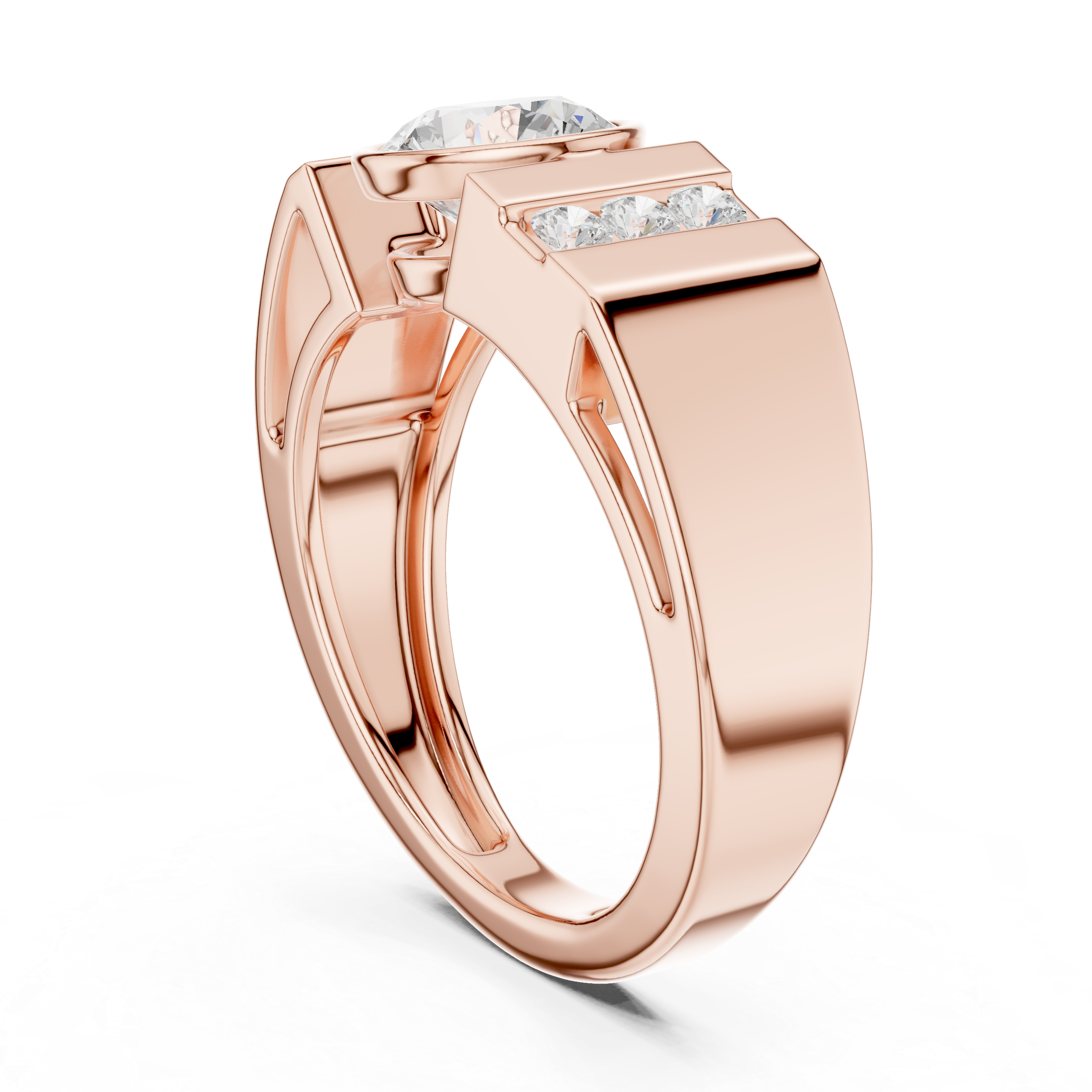 Round Cut Bezel Set Men’s Ring with Side Channel Diamonds