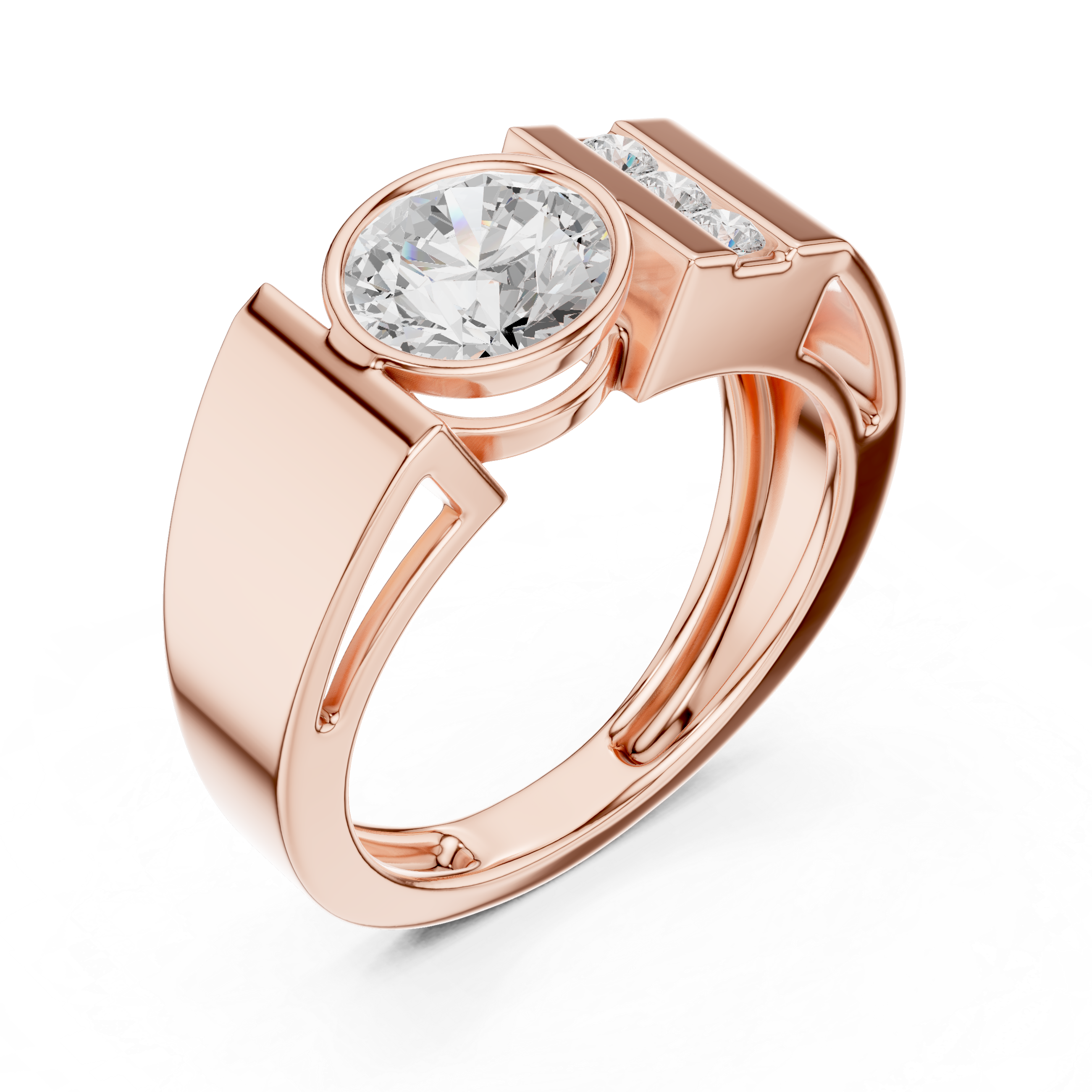 Round Cut Bezel Set Men’s Ring with Side Channel Diamonds