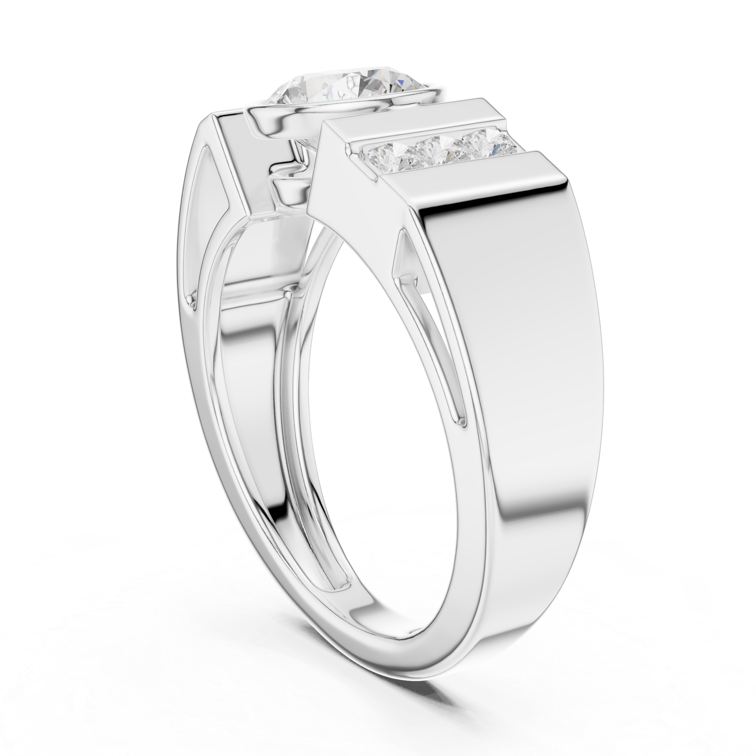 Round Cut Bezel Set Men’s Ring with Side Channel Diamonds