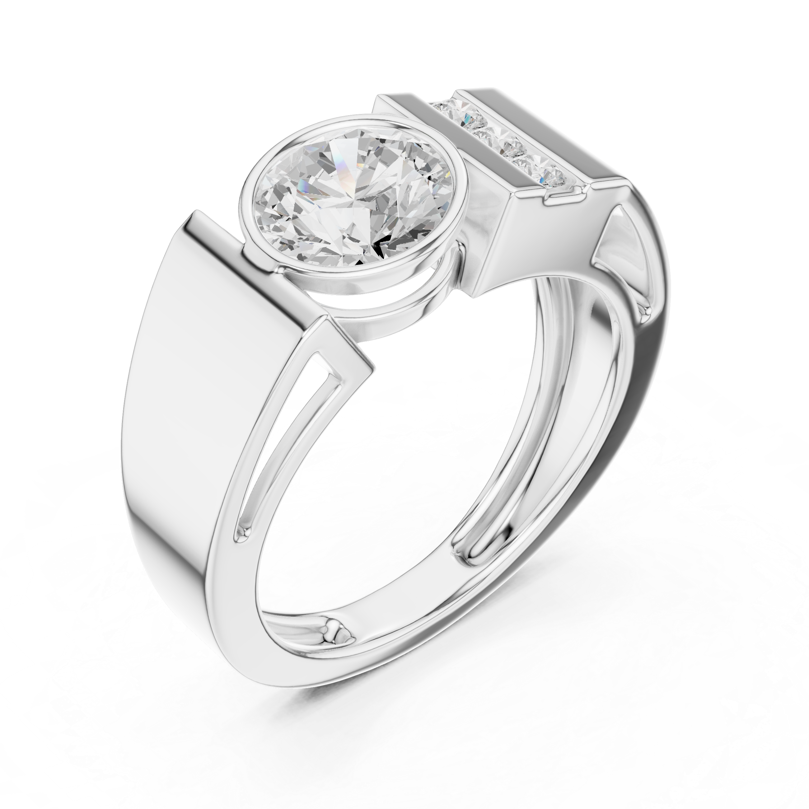 Round Cut Bezel Set Men’s Ring with Side Channel Diamonds