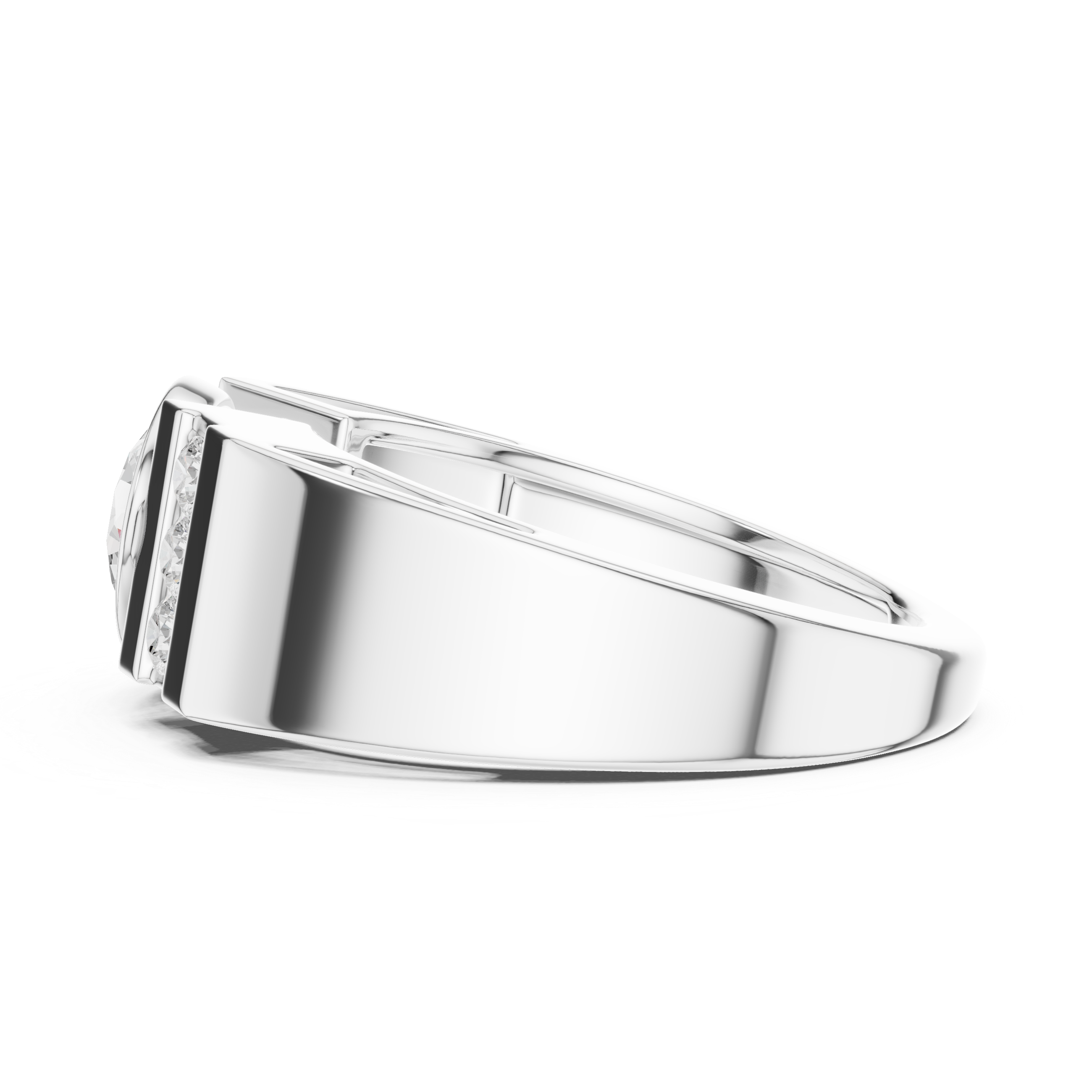 Round Cut Bezel Set Men’s Ring with Side Channel Diamonds