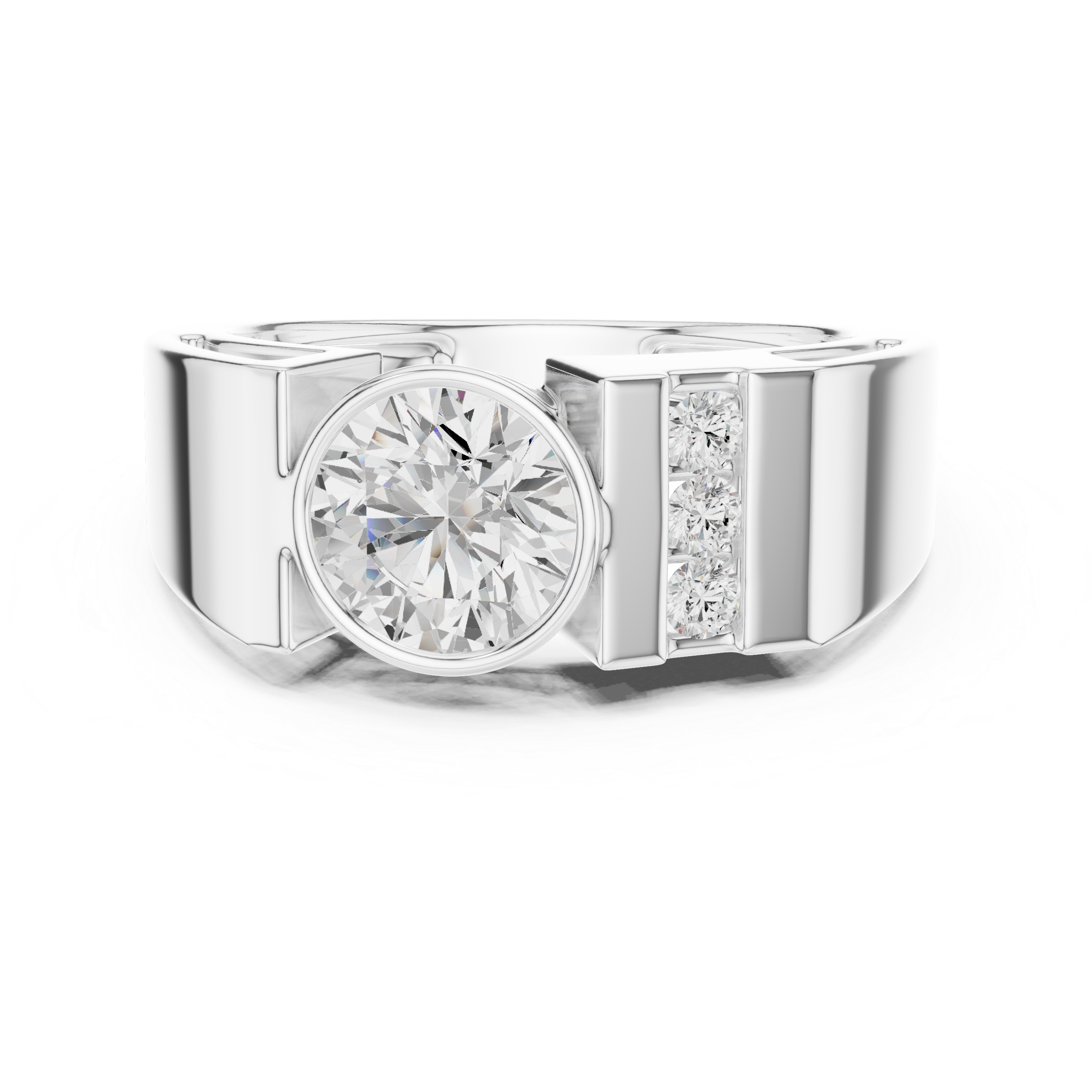 Round Cut Bezel Set Men’s Ring with Side Channel Diamonds
