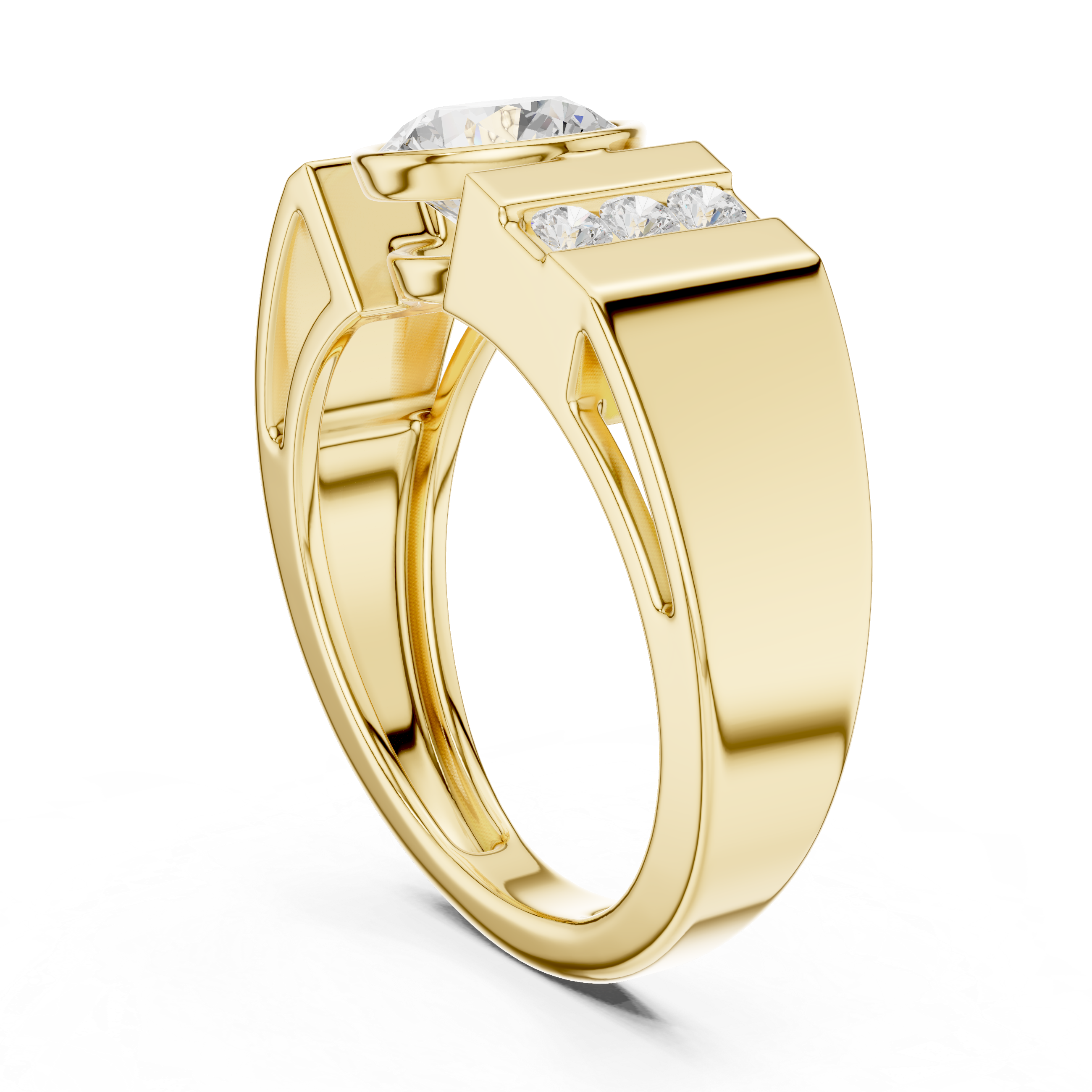 Round Cut Bezel Set Men’s Ring with Side Channel Diamonds