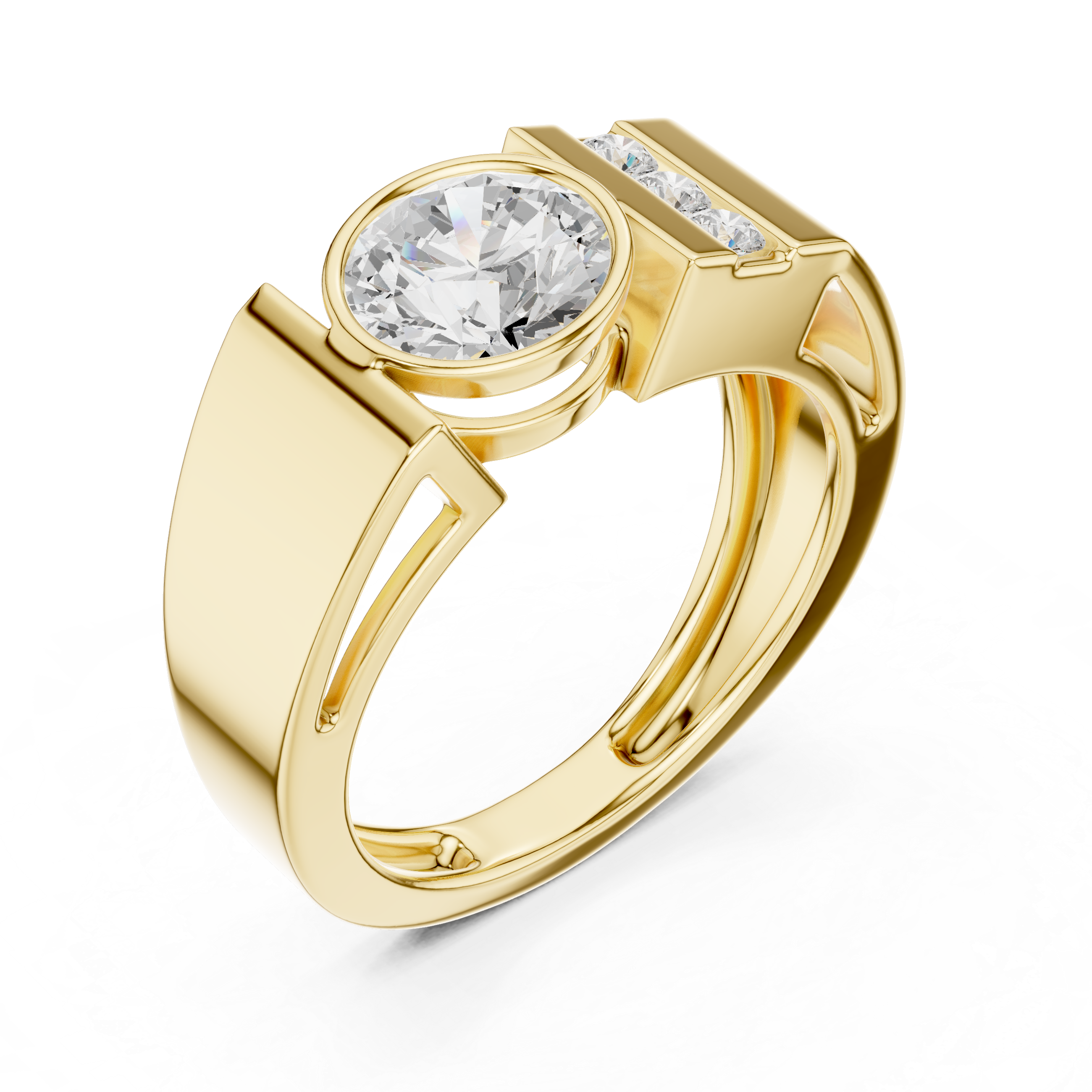 Round Cut Bezel Set Men’s Ring with Side Channel Diamonds