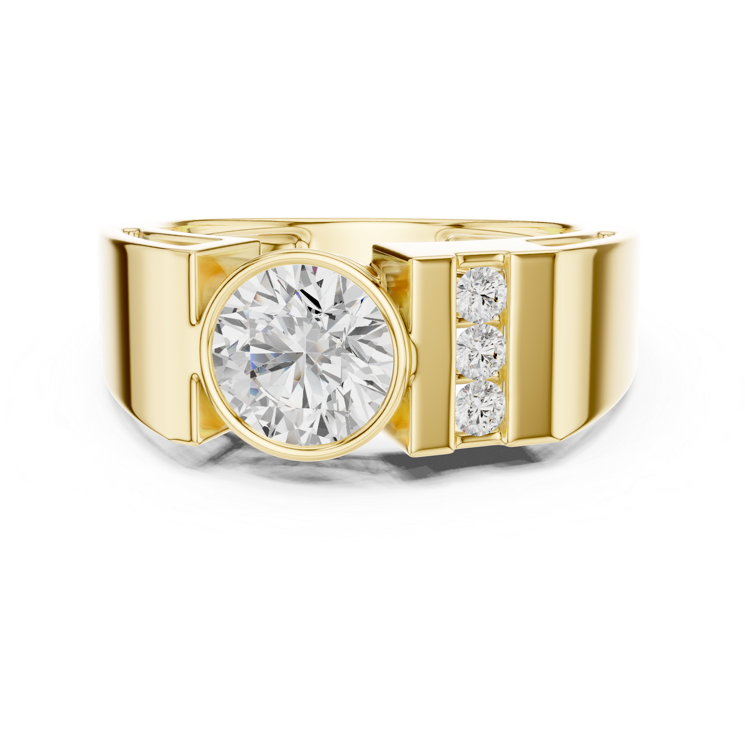 Round Cut Bezel Set Men’s Ring with Side Channel Diamonds