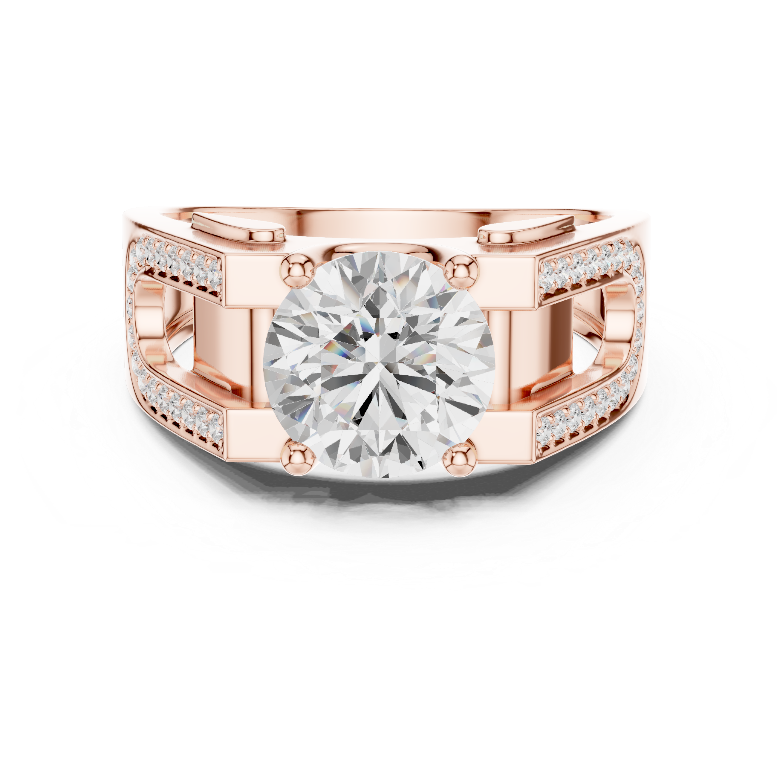 Round Cut Diamond Men’s Ring with Double Pavé U-Channel Design