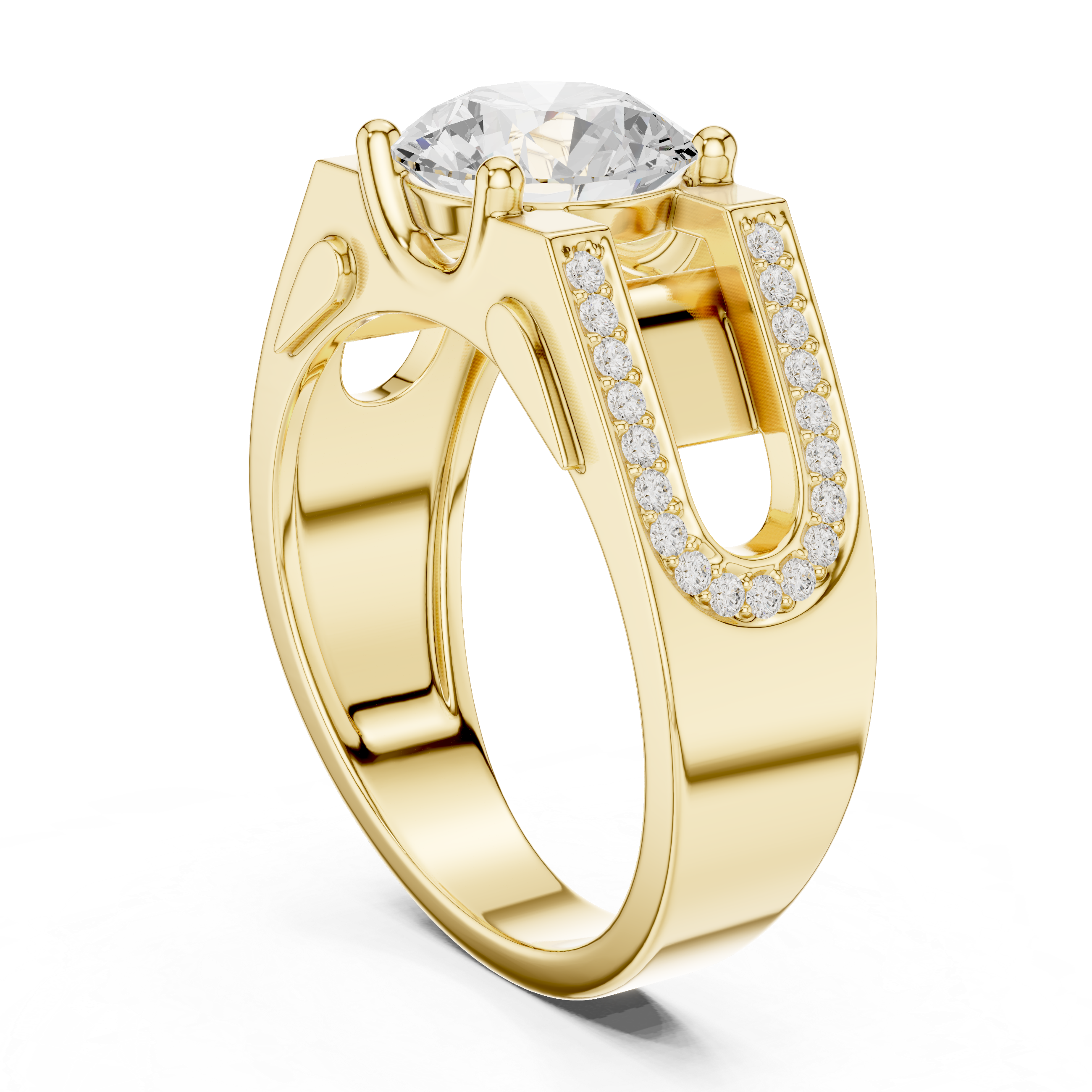 Round Cut Diamond Men’s Ring with Double Pavé U-Channel Design