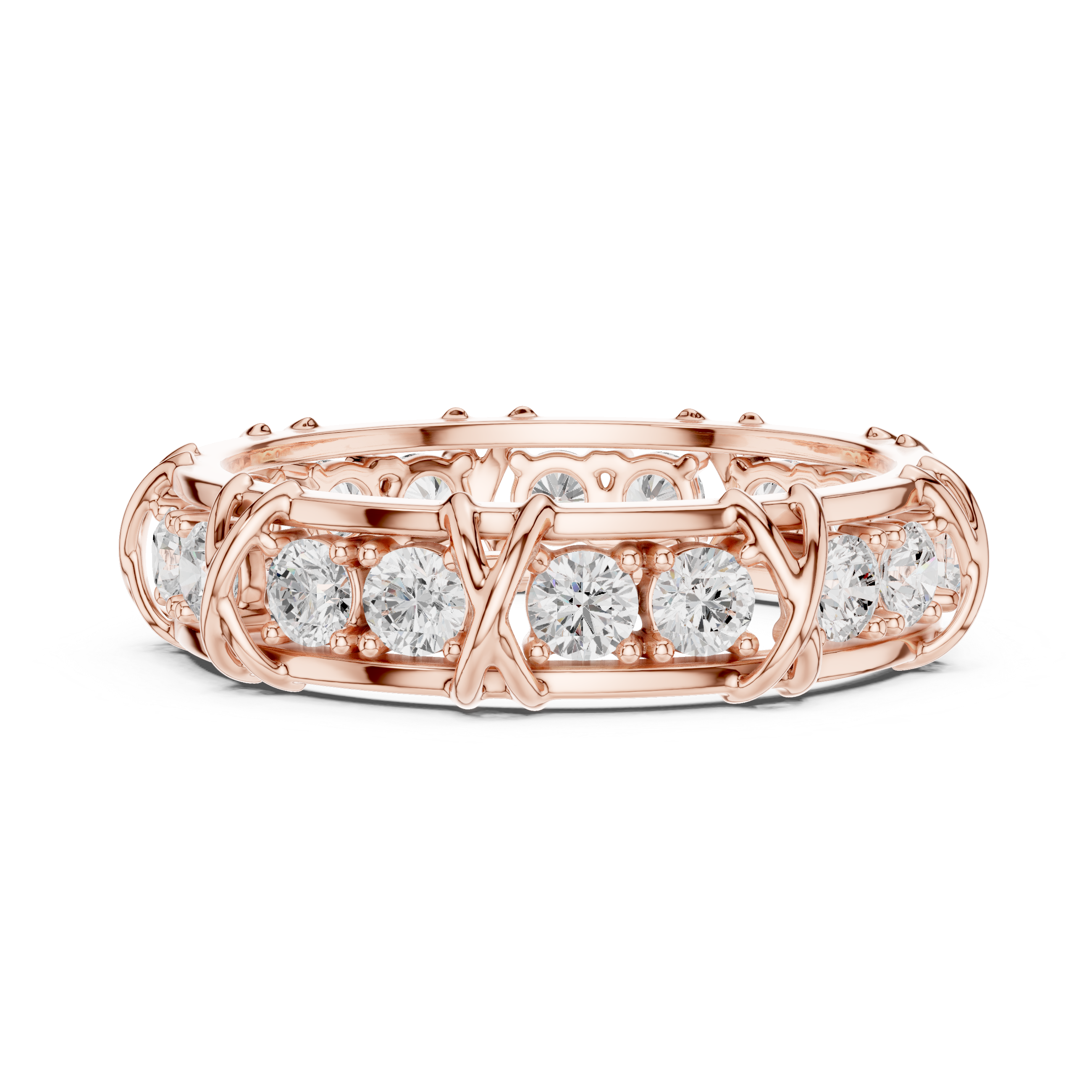 Round Cut Eternity Ring with Vintage X-Prong Cage Design