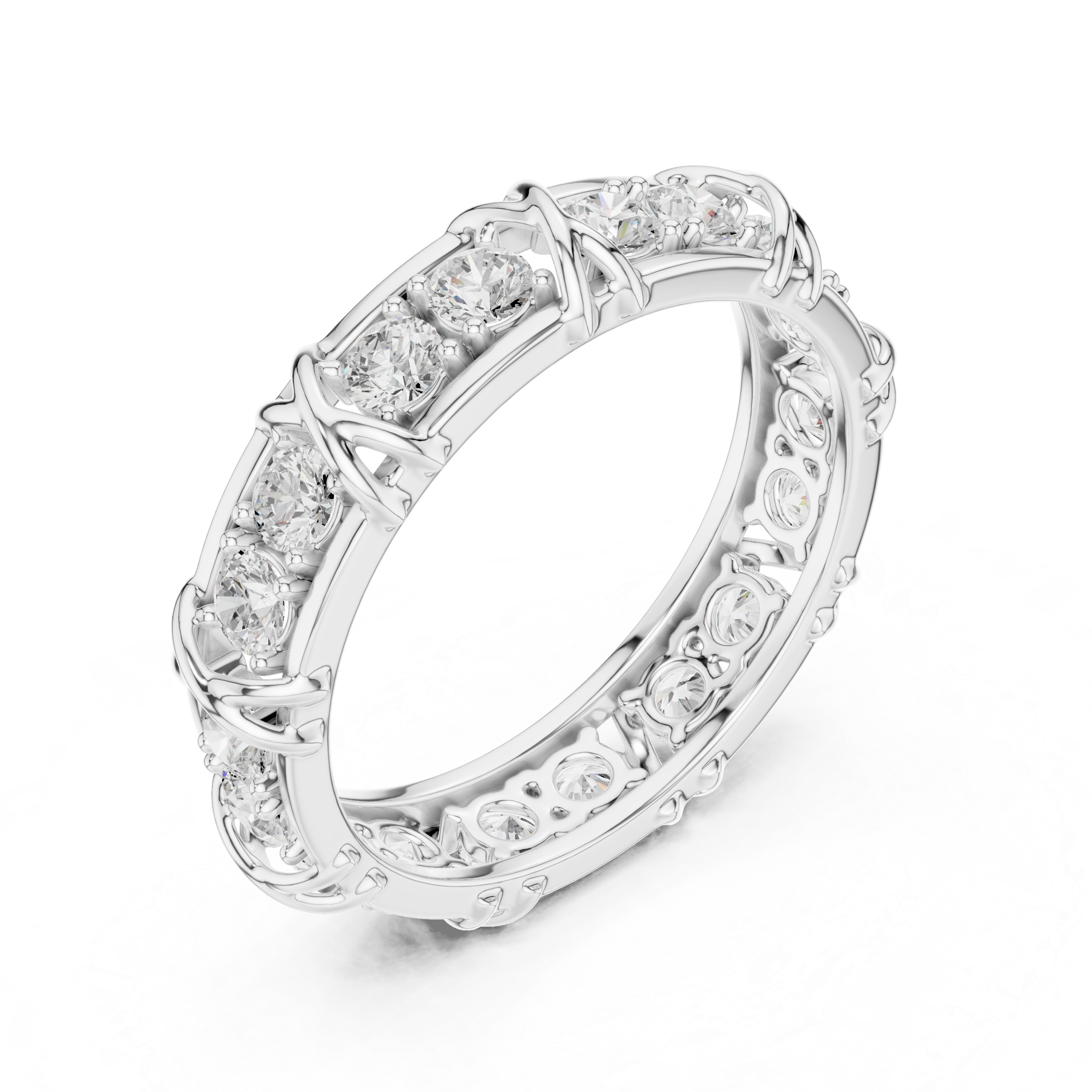 Round Cut Eternity Ring with Vintage X-Prong Cage Design